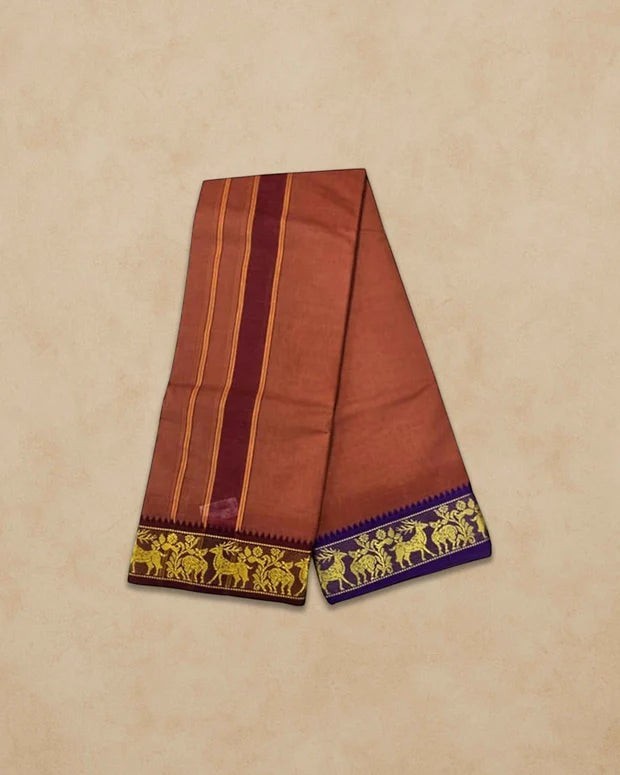 Ambika Stores dark kavi cotton panjakacham dhoti and angavastram set with traditional gold animal motif border