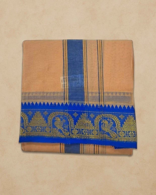 Ambika Stores light kavi cotton panjakacham dhoti and angavastram set with blue peacock zari border