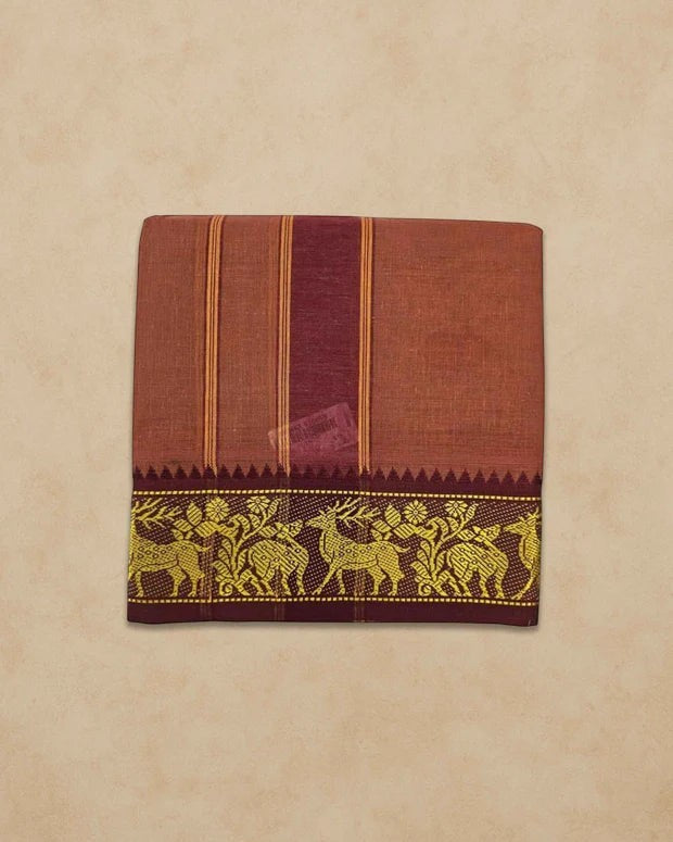 Ambika Stores dark kavi cotton panjakacham dhoti with gold deer motif border and matching angavastram