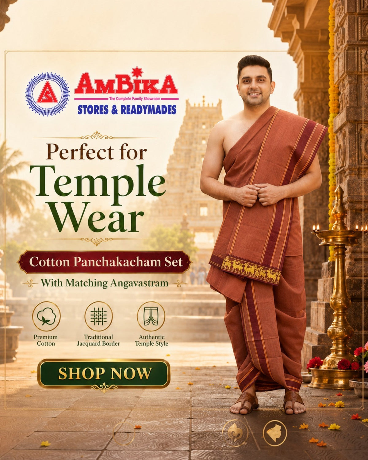 Ambika Stores dark kavi cotton panjakacham dhoti and angavastram set worn by a man in a temple setting