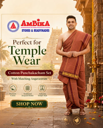 Ambika Stores dark kavi cotton panjakacham dhoti and angavastram set worn by a man in a temple setting