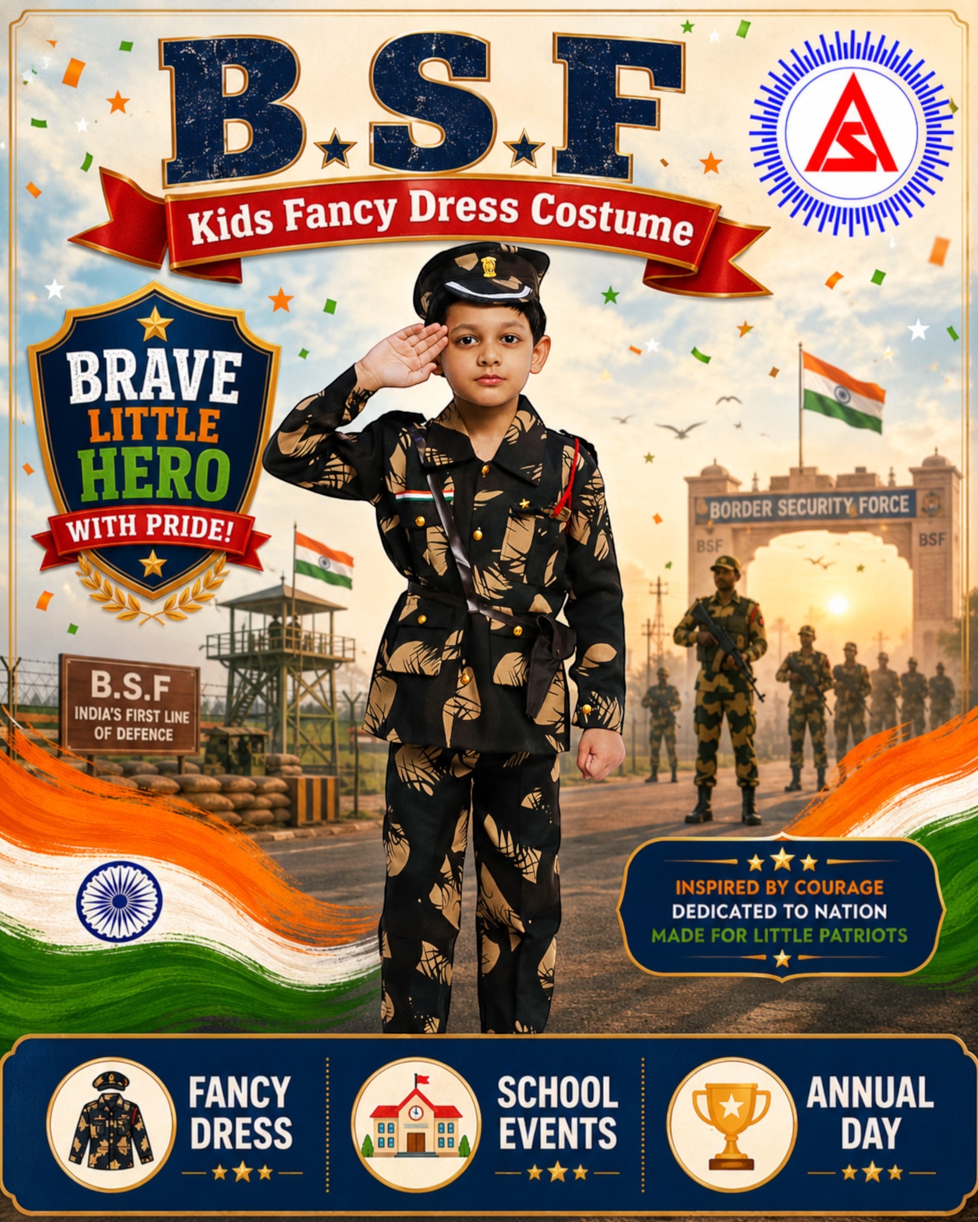 Ambika Stores kids BSF commando fancy dress costume featuring a black and tan camouflage uniform with a matching cap.