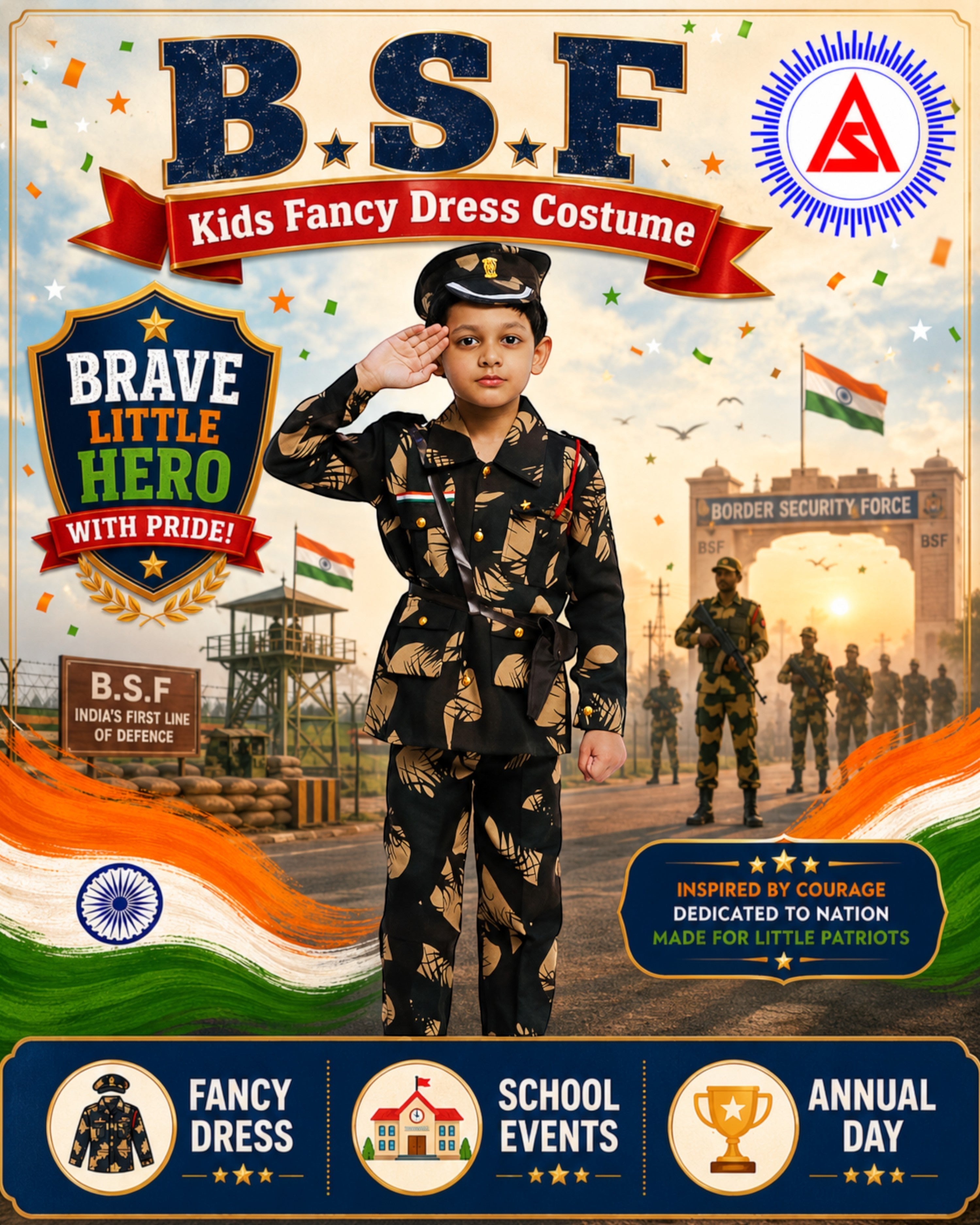 Ambika Stores kids BSF commando fancy dress costume featuring a black and tan camouflage uniform with a matching cap.