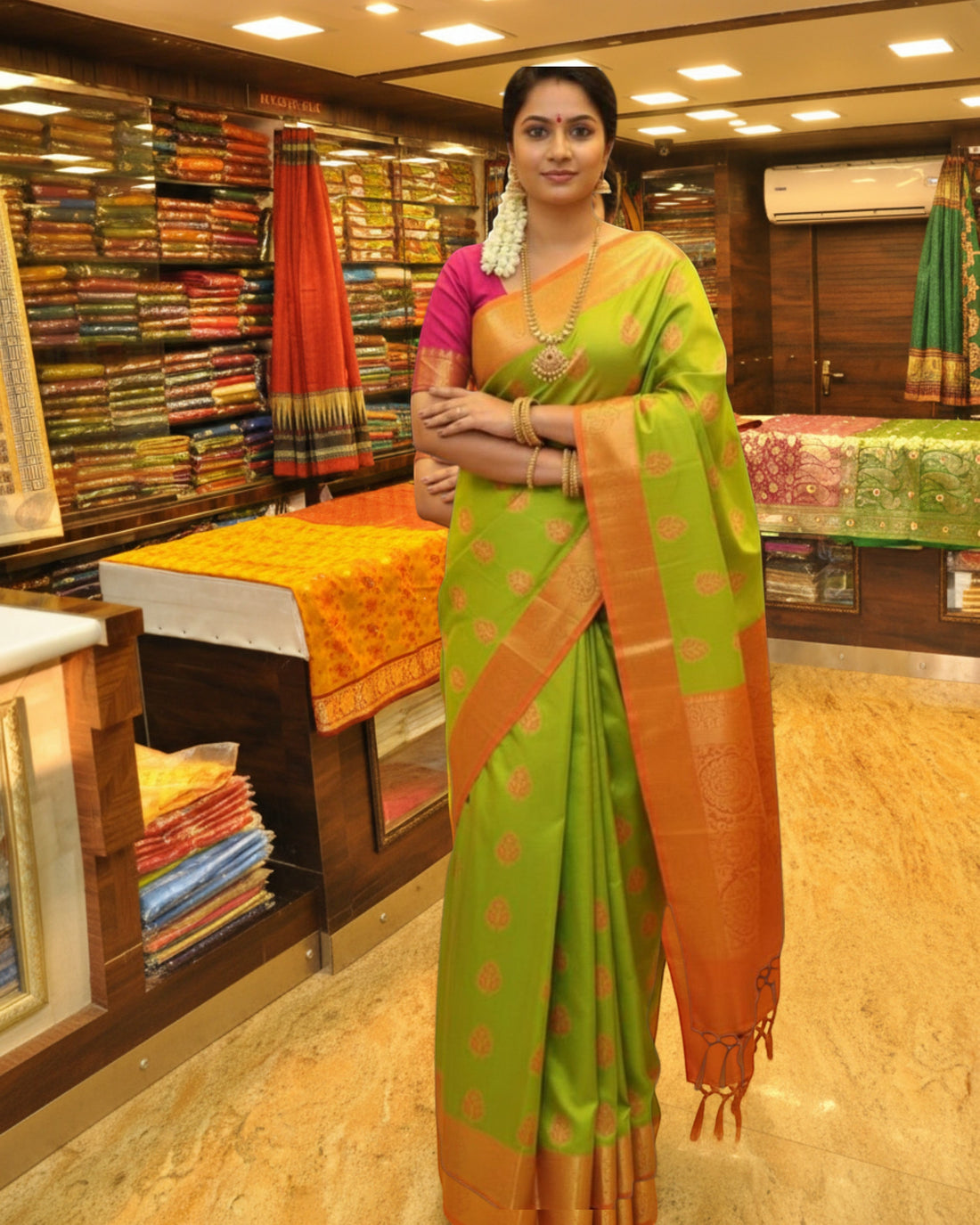 Ambika Stores light green silk saree with orange border and woven motifs, perfect for festive occasions.