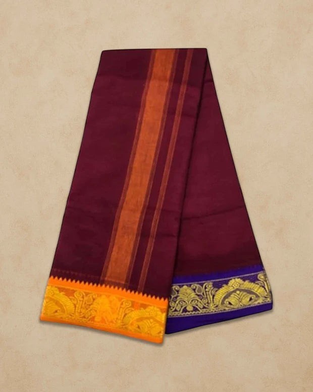 Ambika Stores maroon cotton Panjakacham dhoti and angavastram set with contrasting orange and blue gold zari borders.
