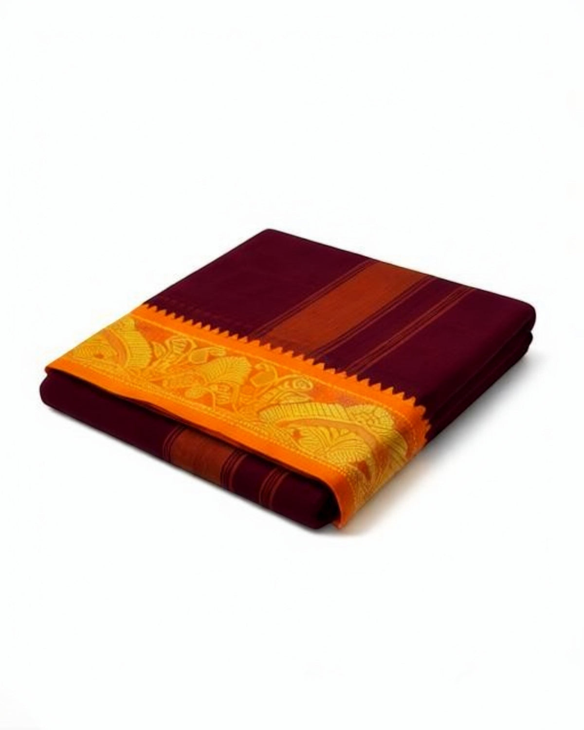 Ambika Stores maroon cotton panjakacham dhoti with a vibrant orange zari border and matching angavastram towel