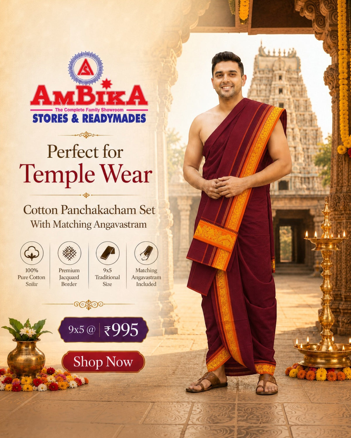 Ambika Stores maroon cotton panjakacham dhoti and angavastram set worn by a man in front of a traditional temple