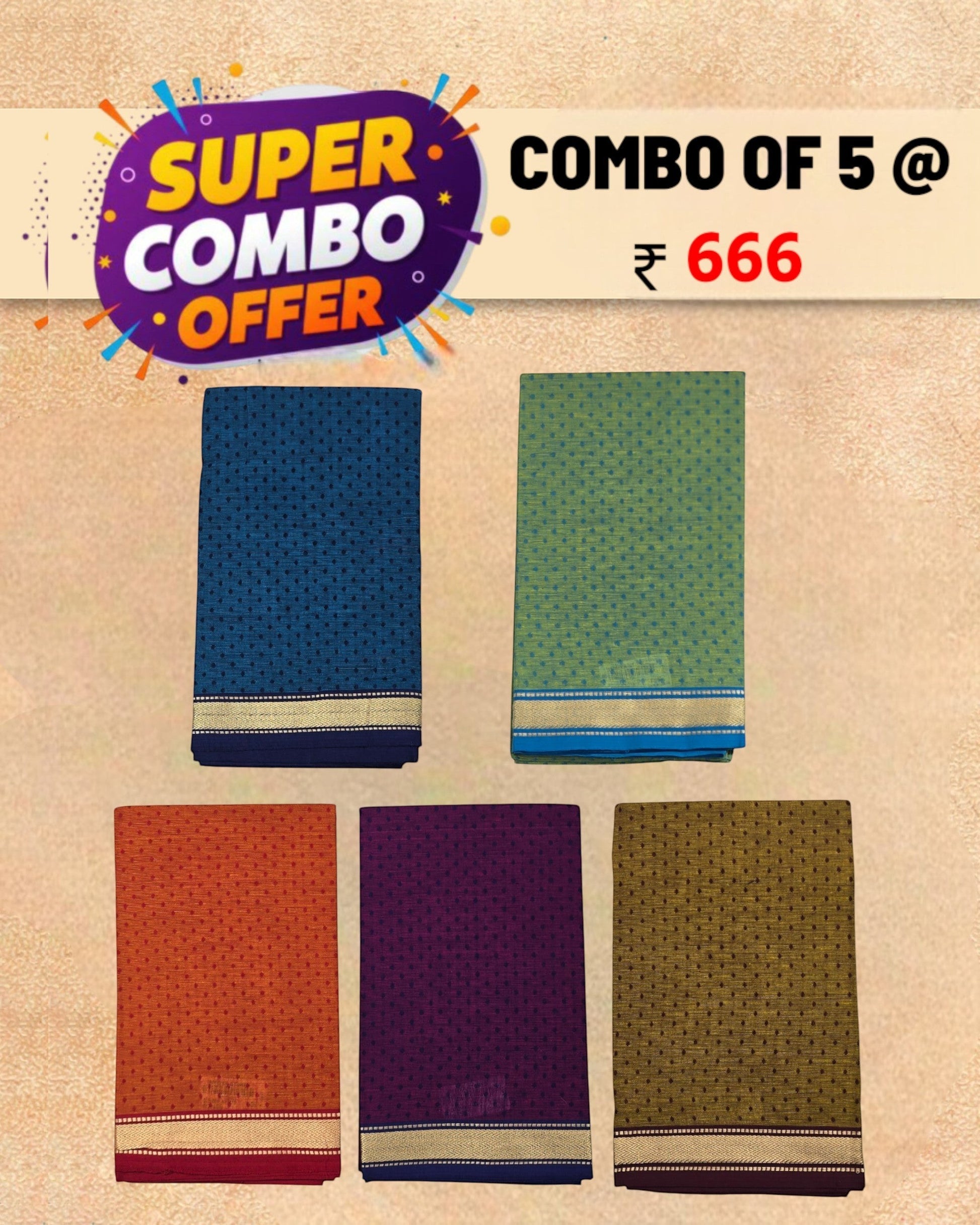 Ambika Stores set of 5 multicolor unstitched cotton blouse fabrics with traditional prints and zari borders