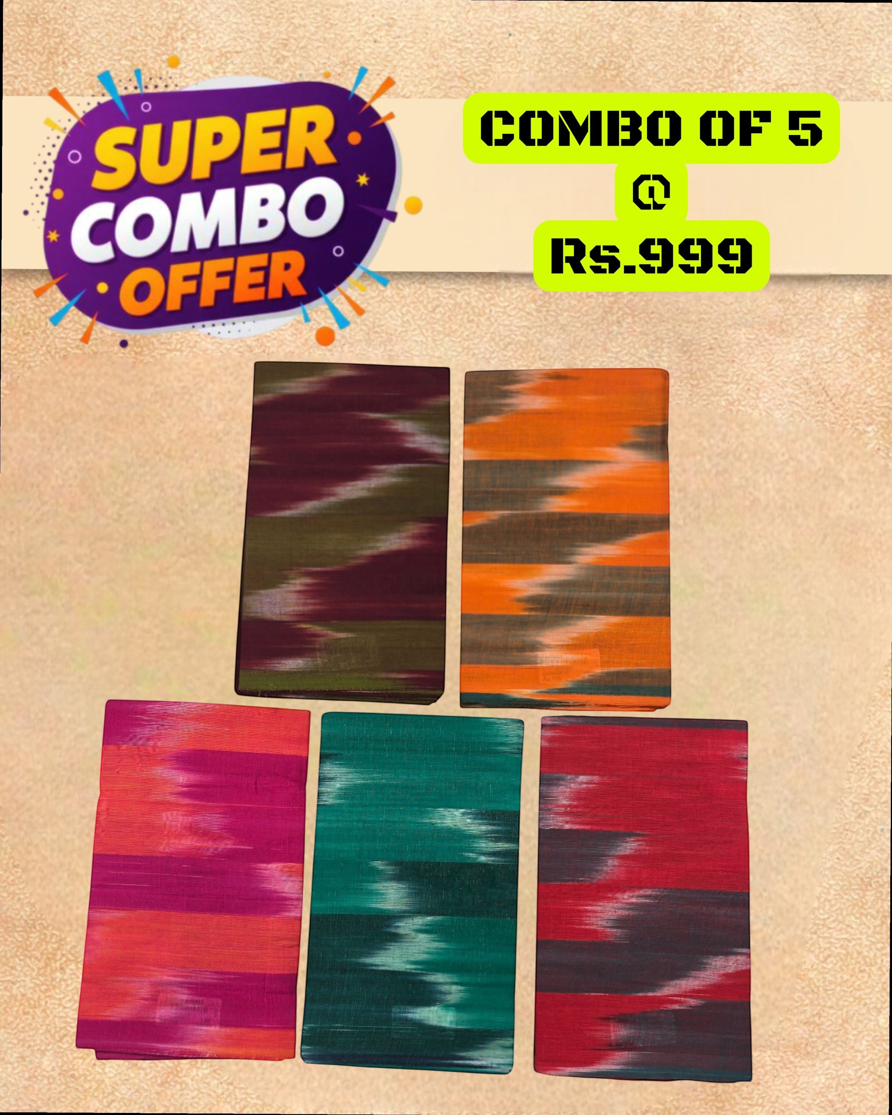 Ambika Stores set of 5 multicolor unstitched cotton blouse fabrics with vibrant rainbow ikat-style prints