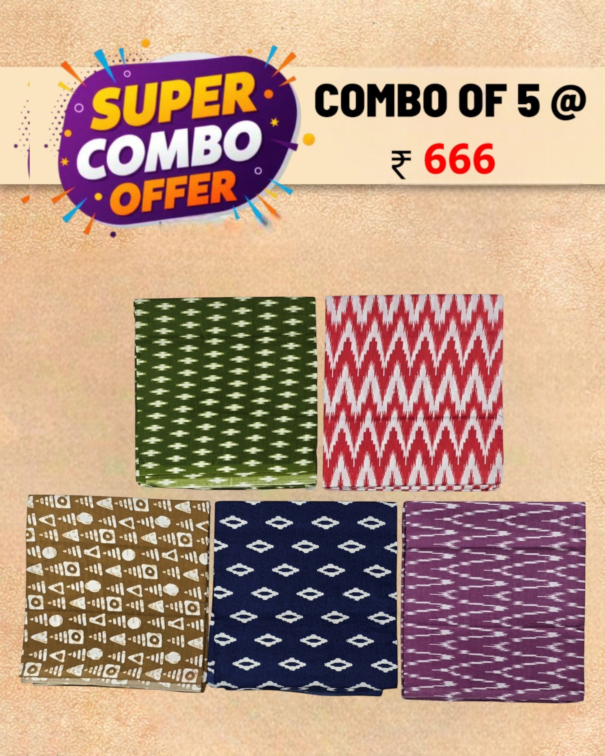 Ambika Stores multicolor unstitched cotton blouse material set with traditional geometric and ikat prints