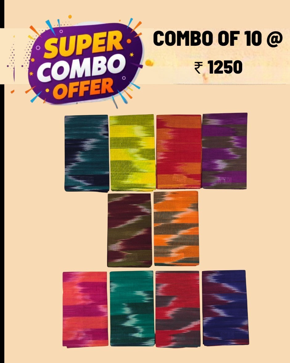 Ambika Stores set of 10 multicolor unstitched cotton blouse pieces with vibrant rainbow ikat-style prints.