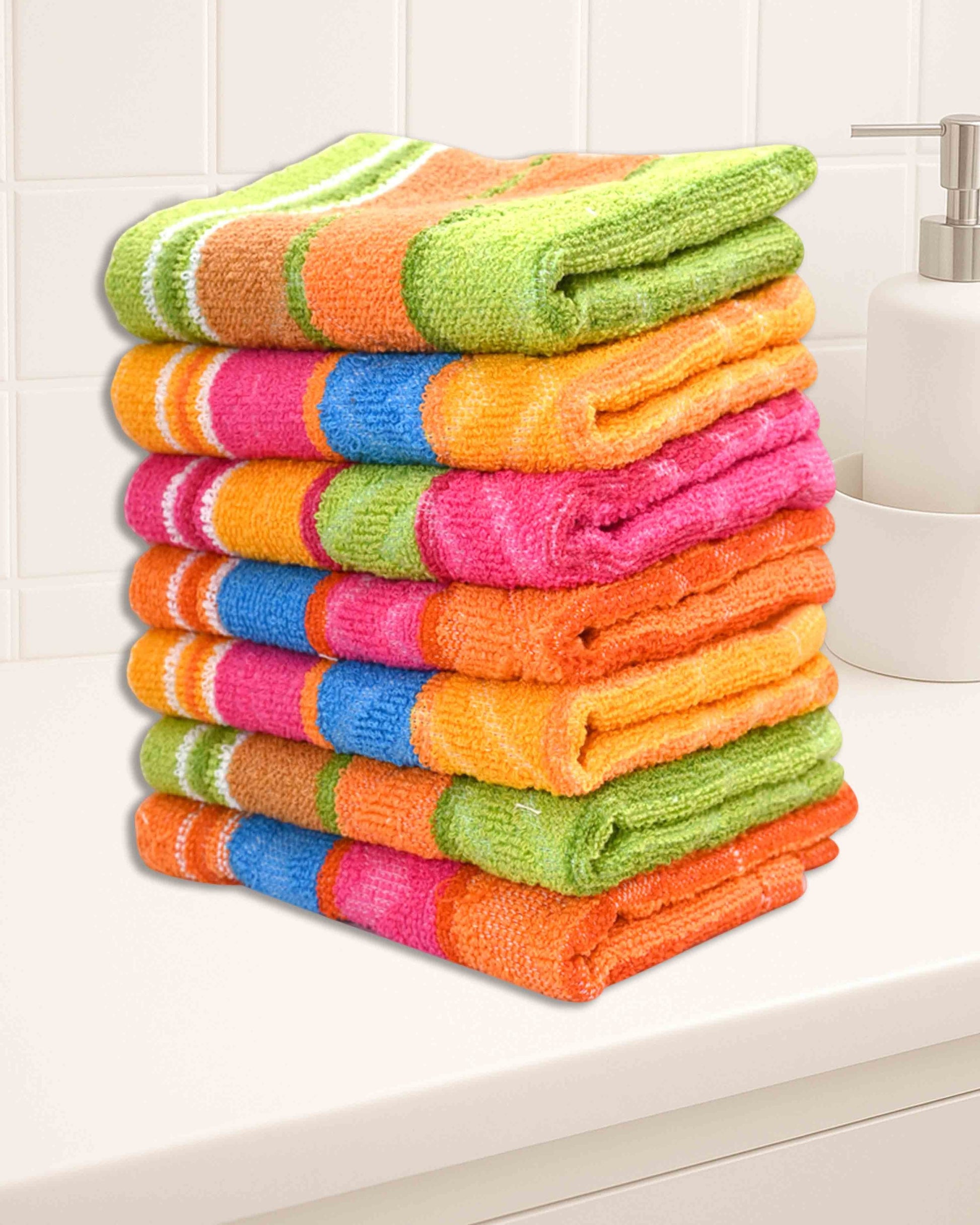 Ambika Stores set of 6 multicolor striped cotton hand towels stacked on a bathroom counter.