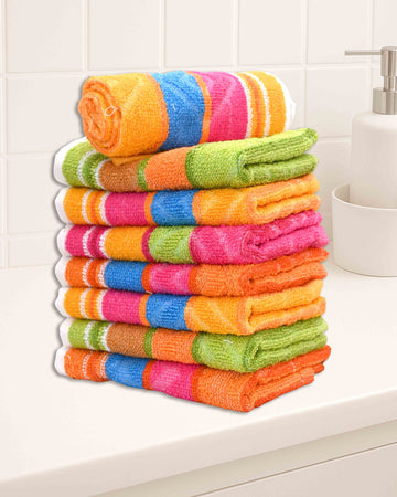 Ambika Stores set of 6 multicolor striped cotton hand towels with soft absorbent fabric for bathroom use.