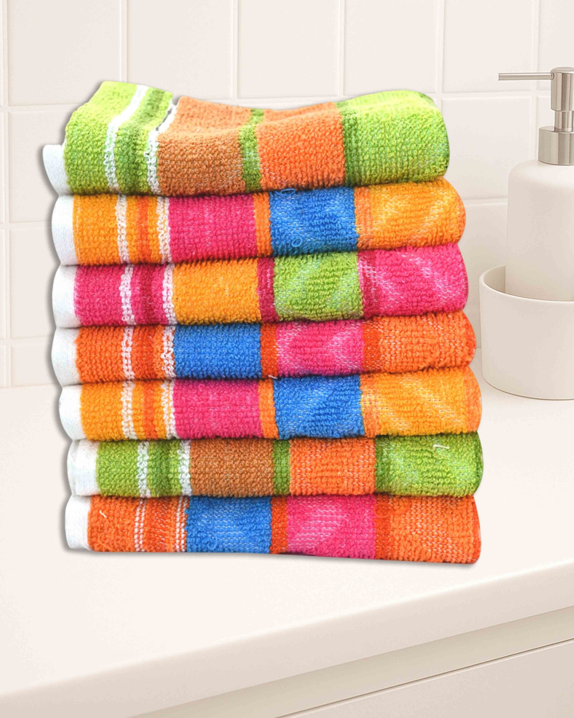 Ambika Stores set of 6 multicolor striped cotton hand towels with soft absorbent fabric for bathroom use.