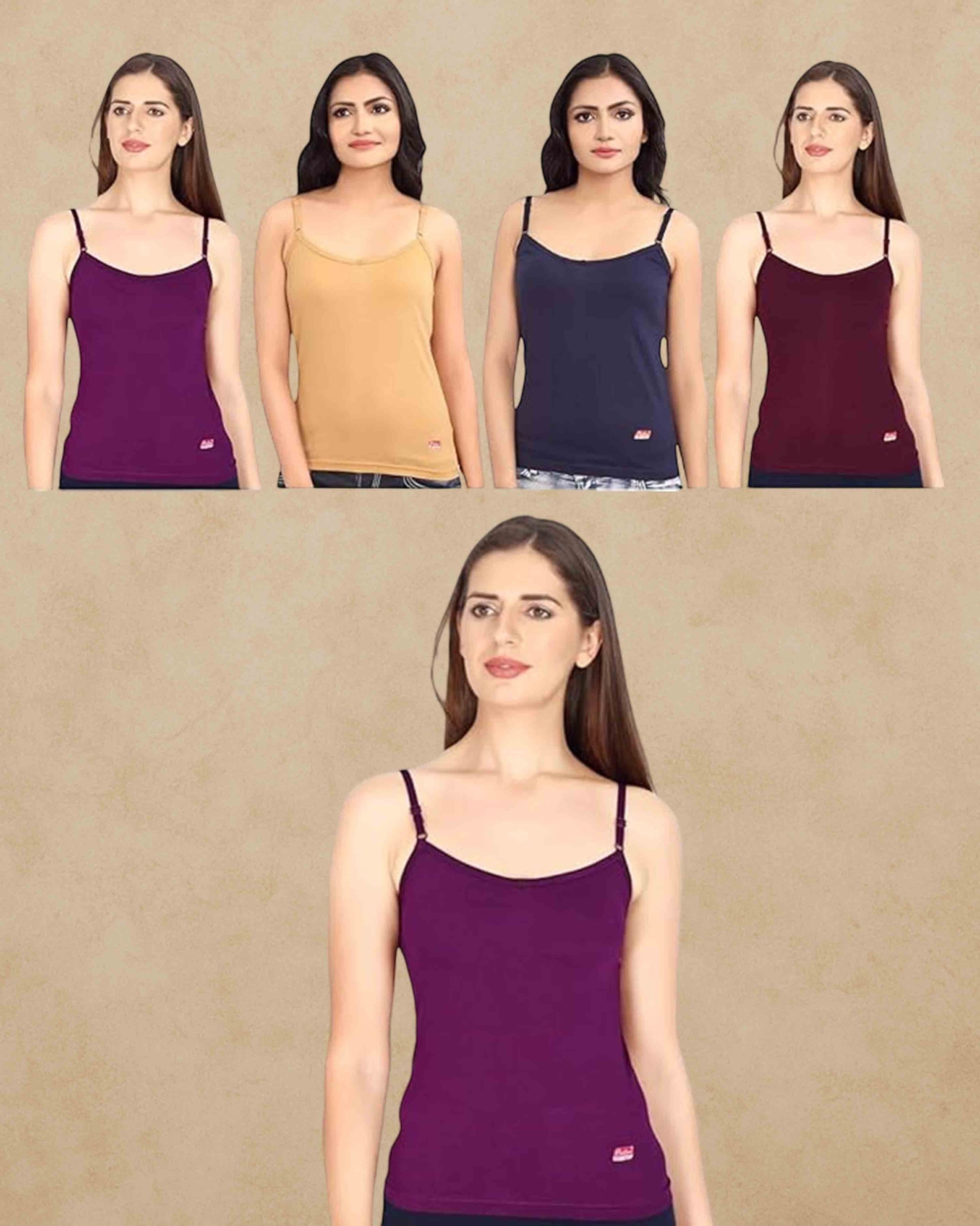 Ambika Stores Prithvi Joshi multicolour camisole slips with adjustable straps, V-neck, and slim-fit design.
