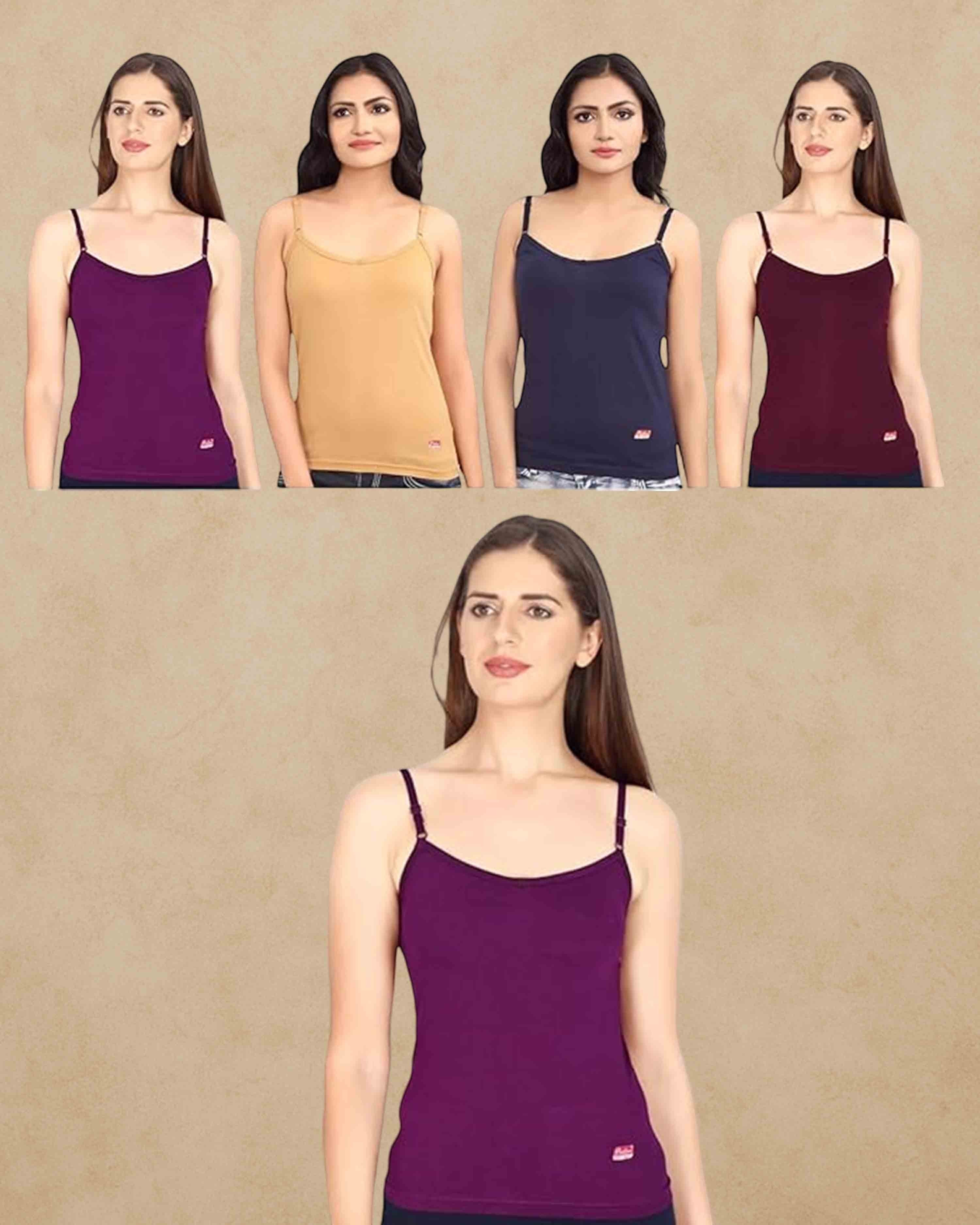 Ambika Stores Prithvi Joshi multicolour camisole slips with adjustable straps, V-neck, and slim-fit design.