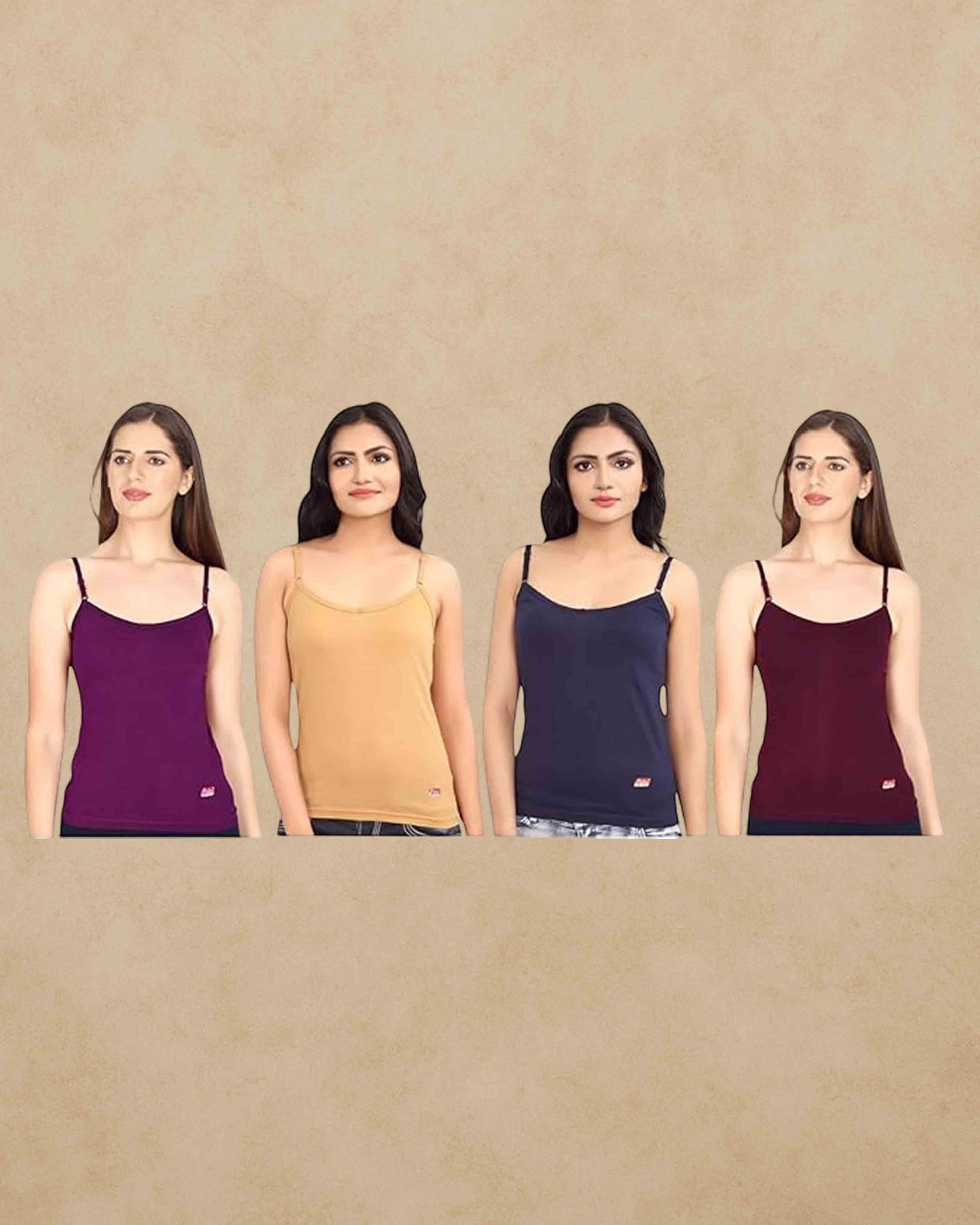 Ambika Stores Prithvi Joshi multicolour camisole slips with adjustable straps and V-neck design for women.