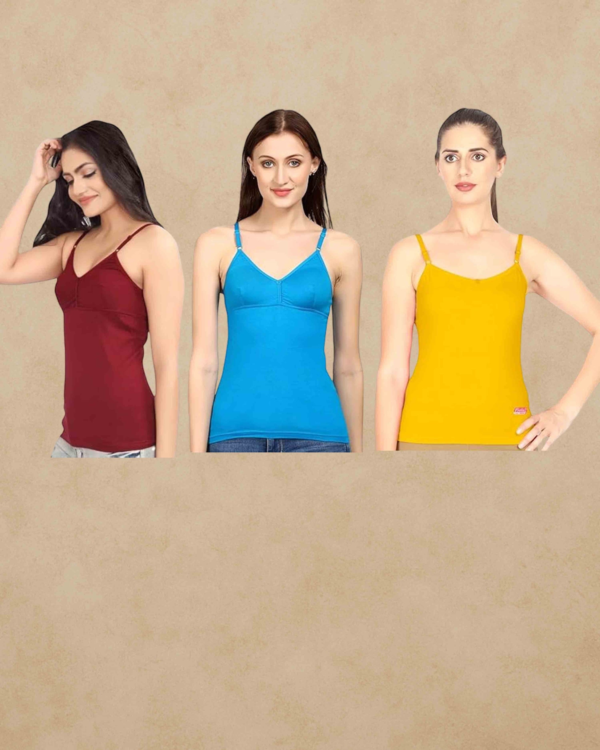 Ambika Stores pack of three Prithvi Joycup camisoles with built-in bras in maroon, blue, and yellow with adjustable straps