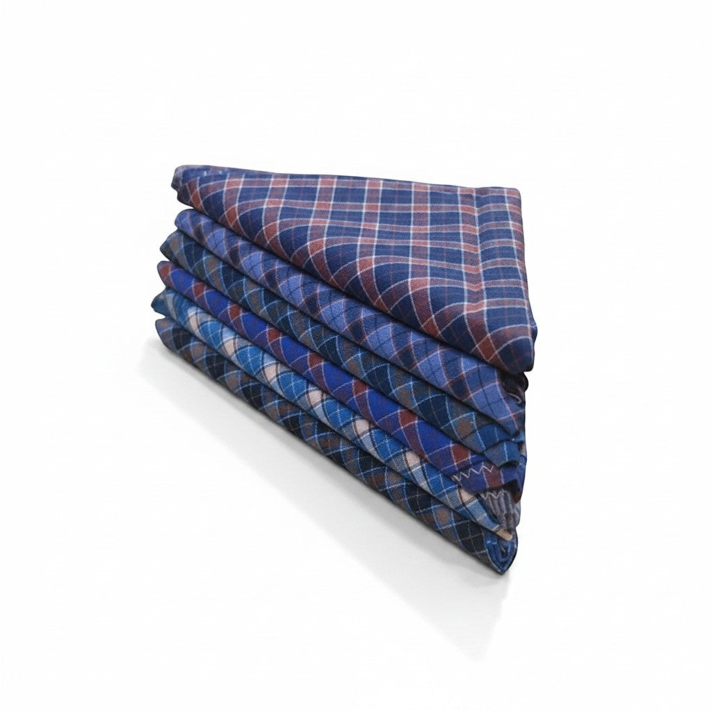 Ambika Stores Nandu Elite men's cotton handkerchiefs in blue plaid pattern. Soft, durable, and versatile for daily use or as a pocket square.