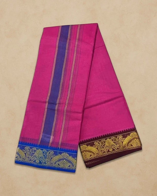 Ambika Stores pink cotton panjakacham dhoti and angavastram set with traditional gold and blue woven border details.