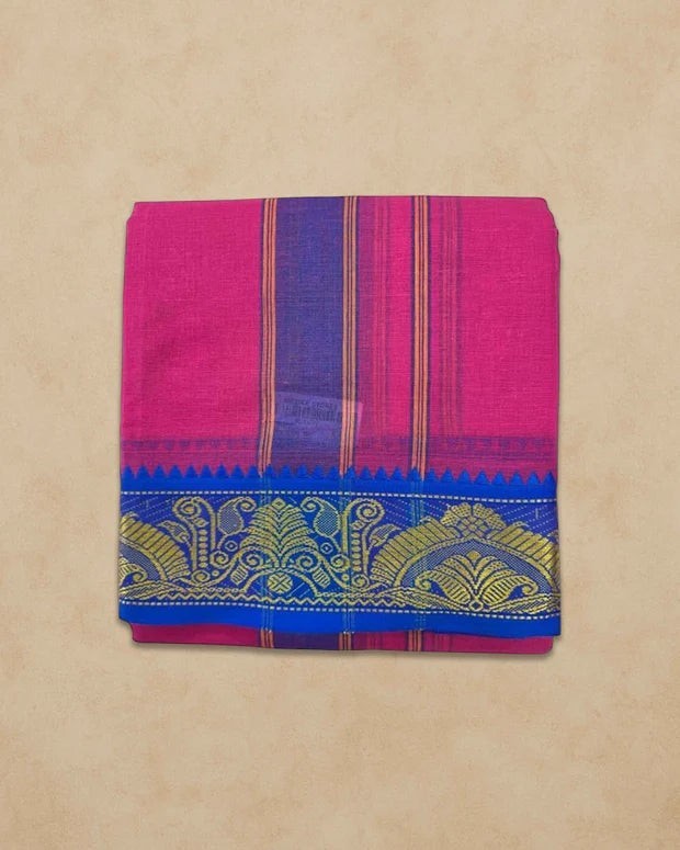 Ambika Stores pink cotton panjakacham dhoti and angavastram set with a blue and gold traditional woven border