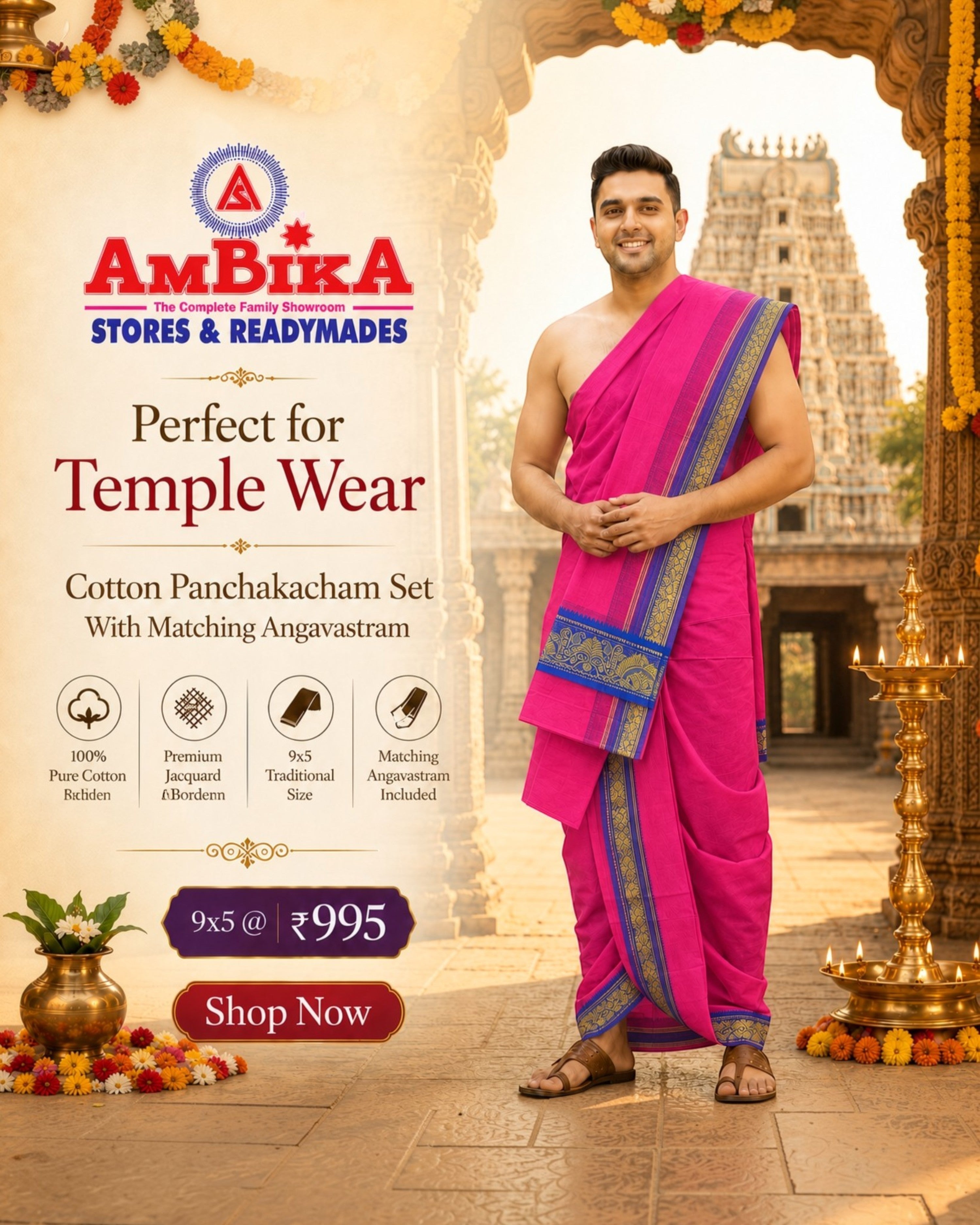 Ambika Stores pink cotton panjakacham dhoti and angavastram set worn by a man in a traditional temple setting