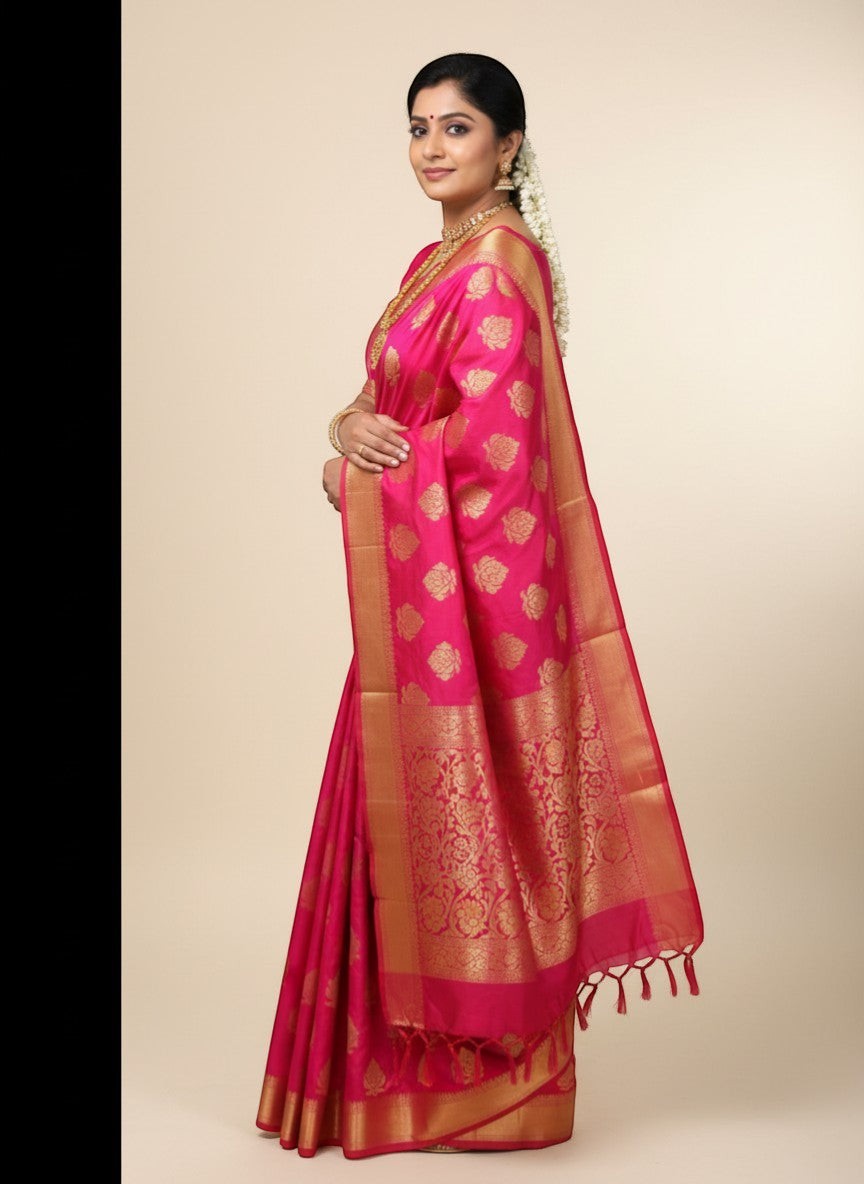 Ambika Stores pink silk saree with orange floral border and motifs, perfect for weddings and festivals.