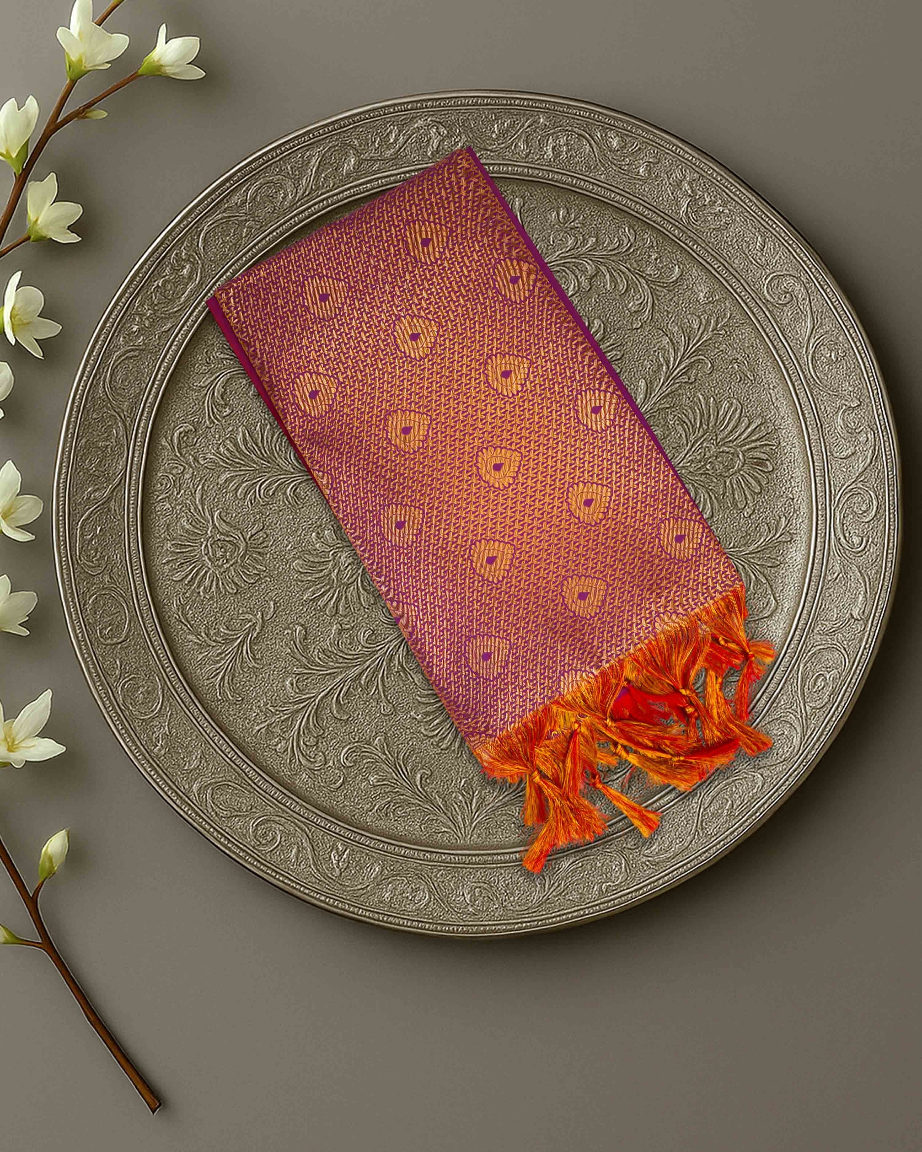 Ambika Stores premium purple and gold Ponnadai Jari shawl with orange tassels for weddings and VIP gifting