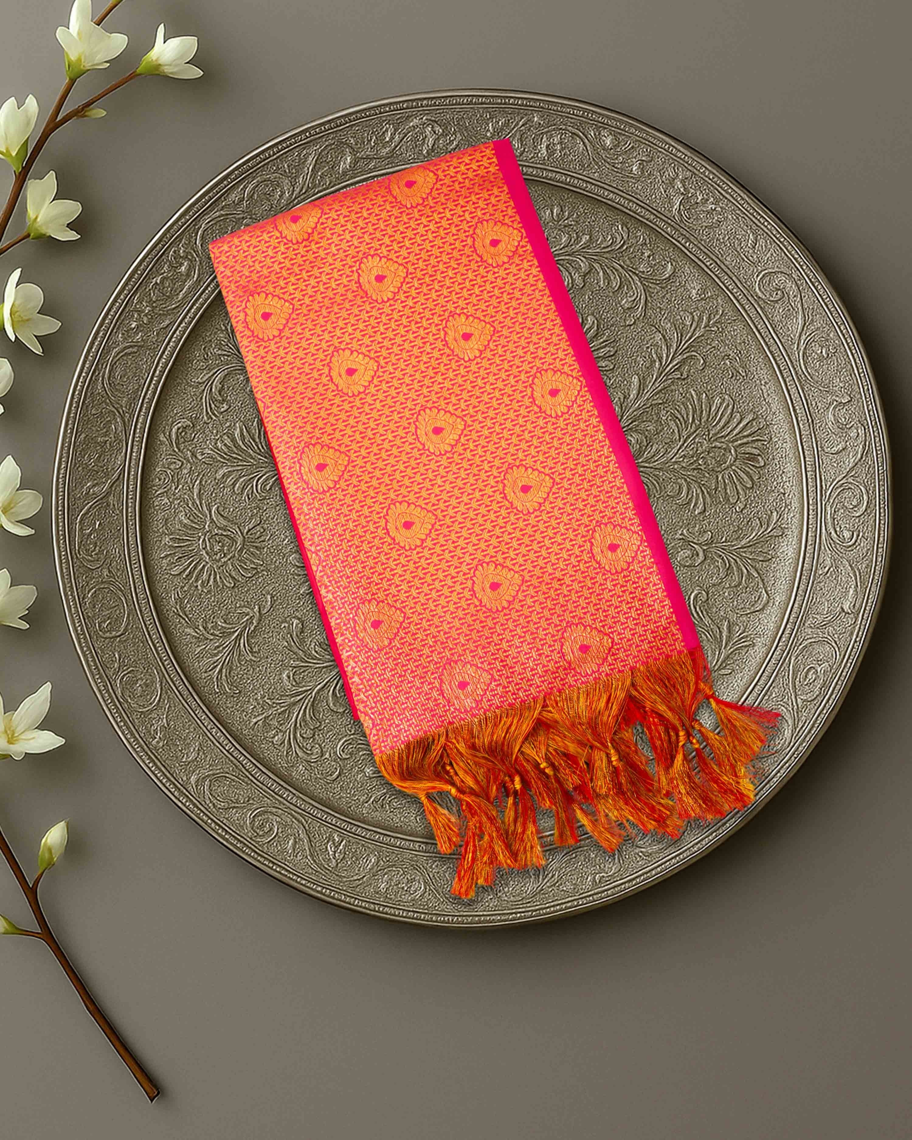 Ambika Stores premium orange and pink Ponnadai Jari shawl with gold floral motifs and decorative tassels