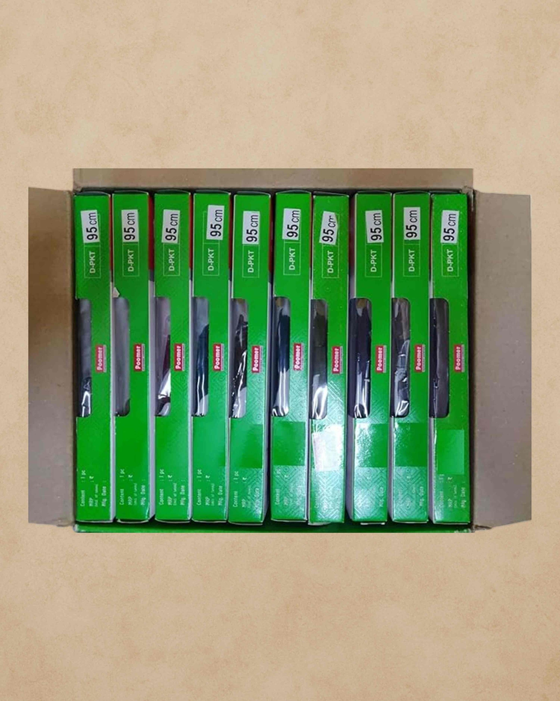Ambika Stores Poomer cotton pocket trunks in a box, featuring ten individual green retail packs of size 95cm.