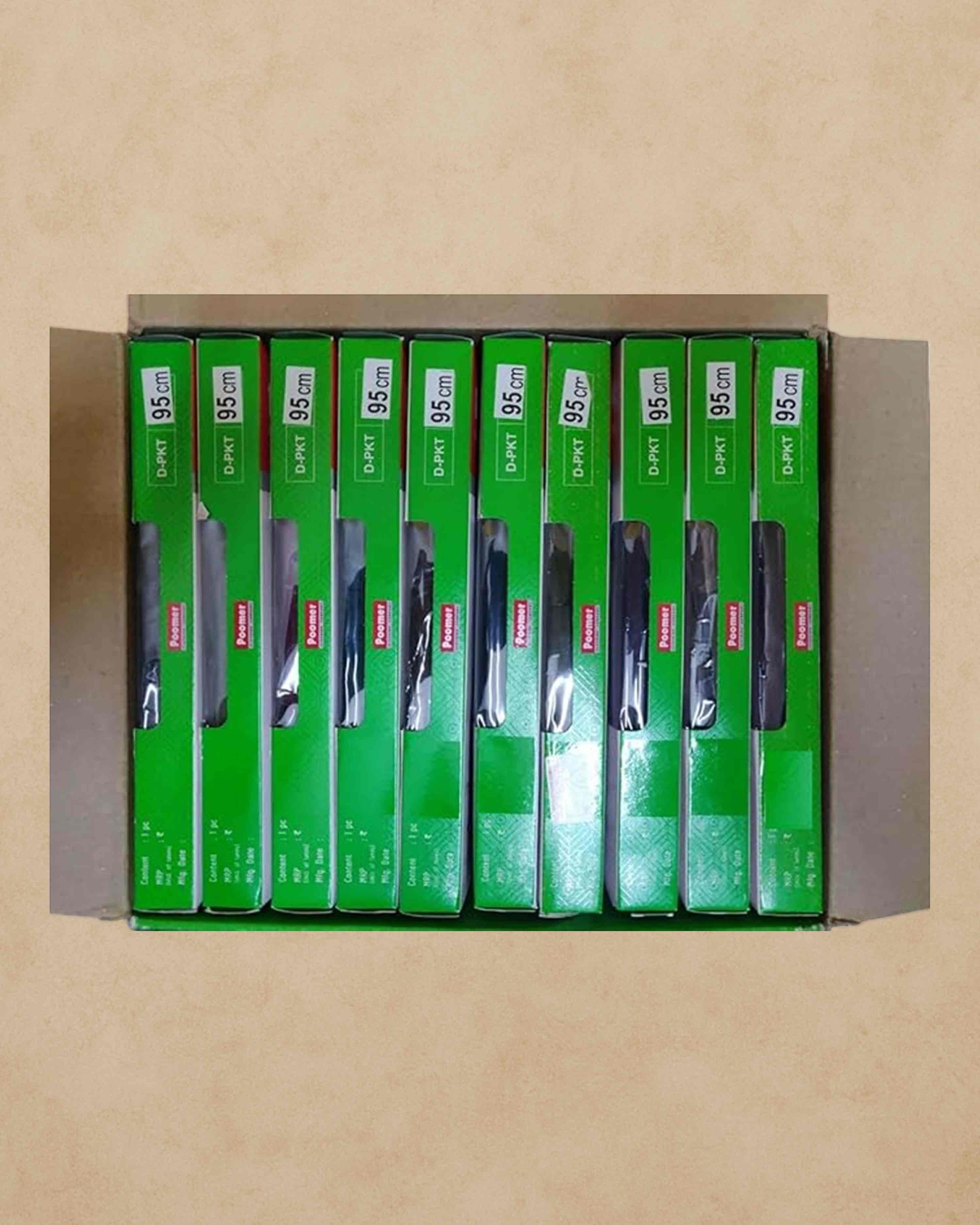 Ambika Stores Poomer cotton pocket trunks in a box, featuring ten individual green retail packs of size 95cm.