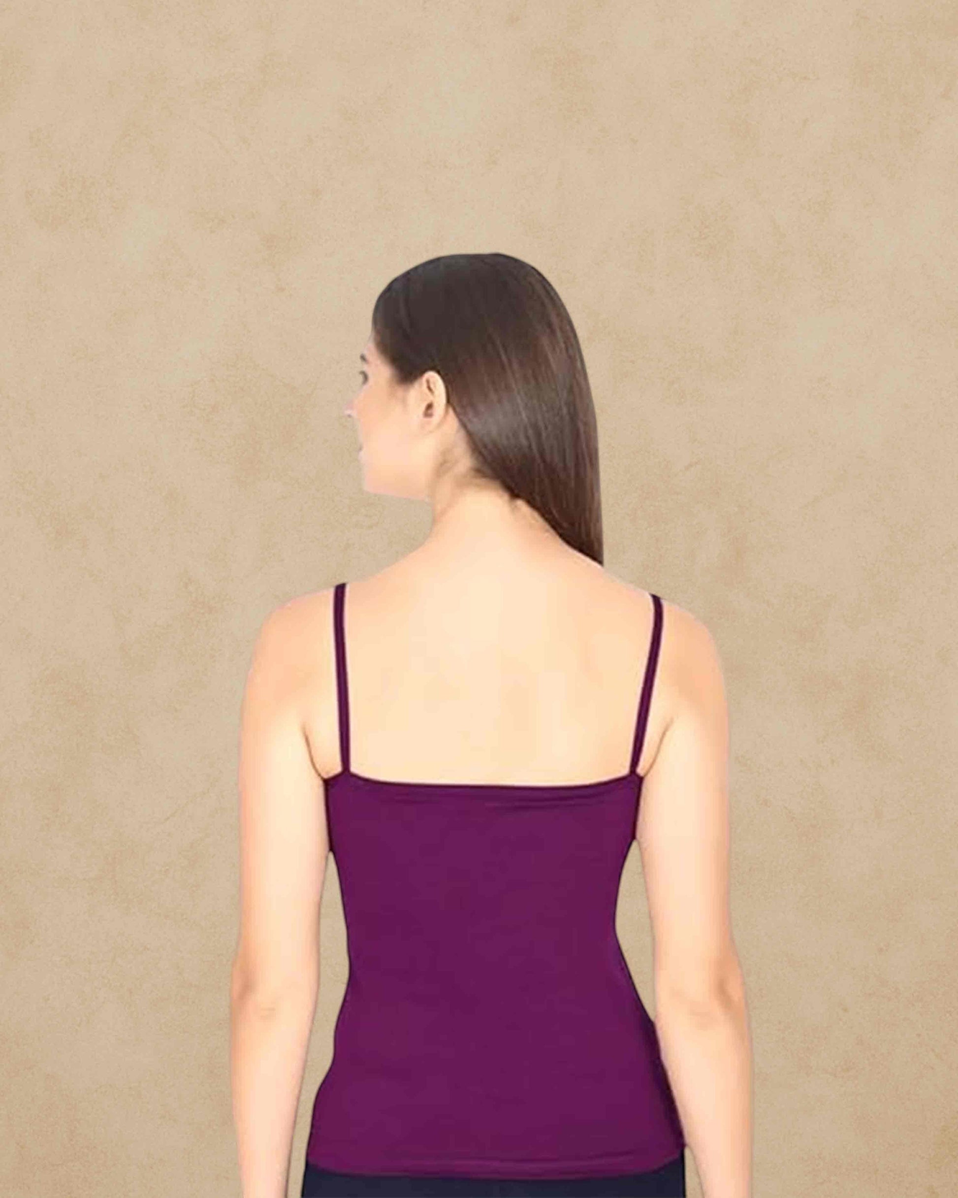 Ambika Stores Prithvi Joshi purple camisole slip with thin adjustable straps and straight back cut on a model
