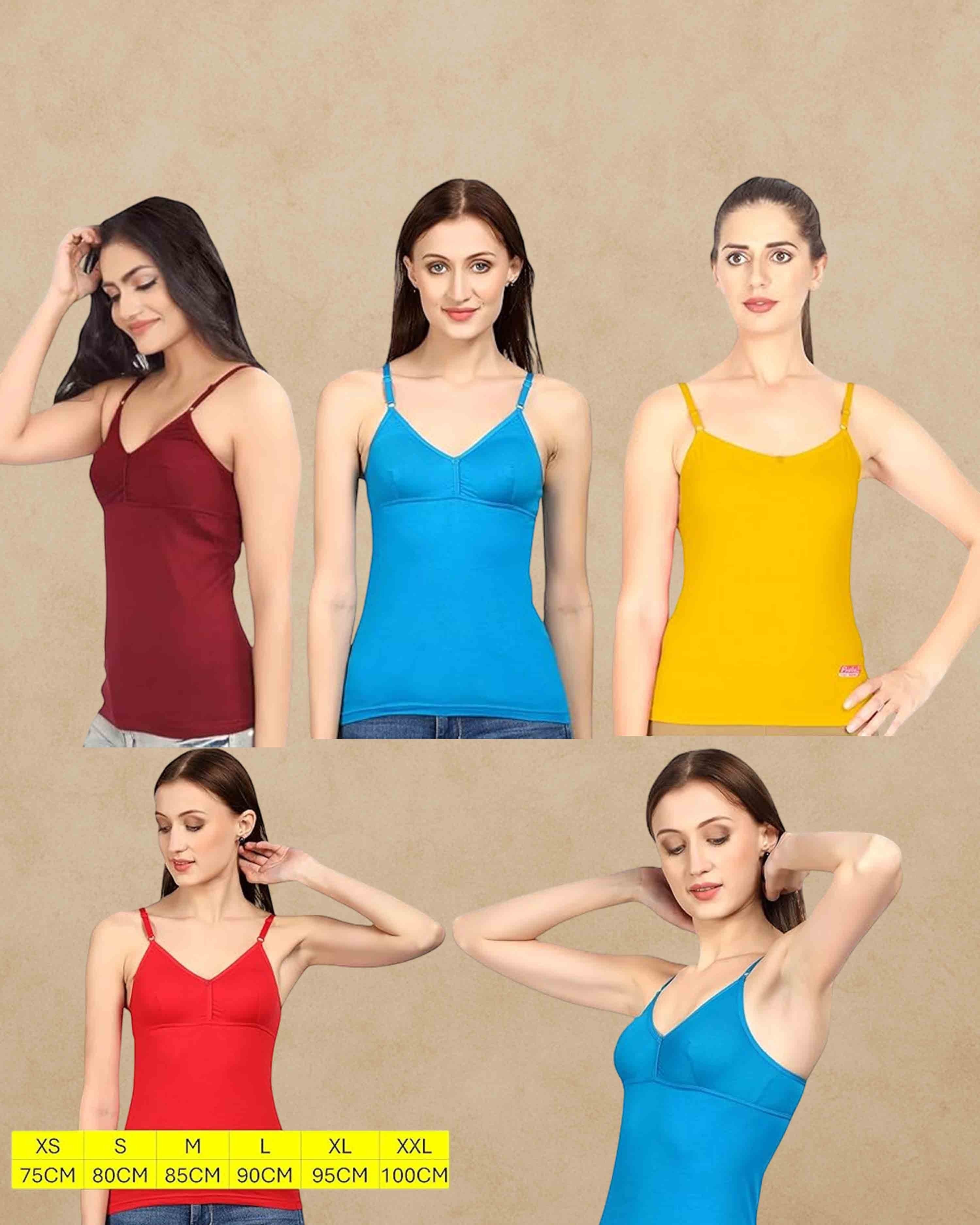 Ambika Stores Prithvi Joycup camisole slips with built-in bras in assorted colours, featuring adjustable straps.