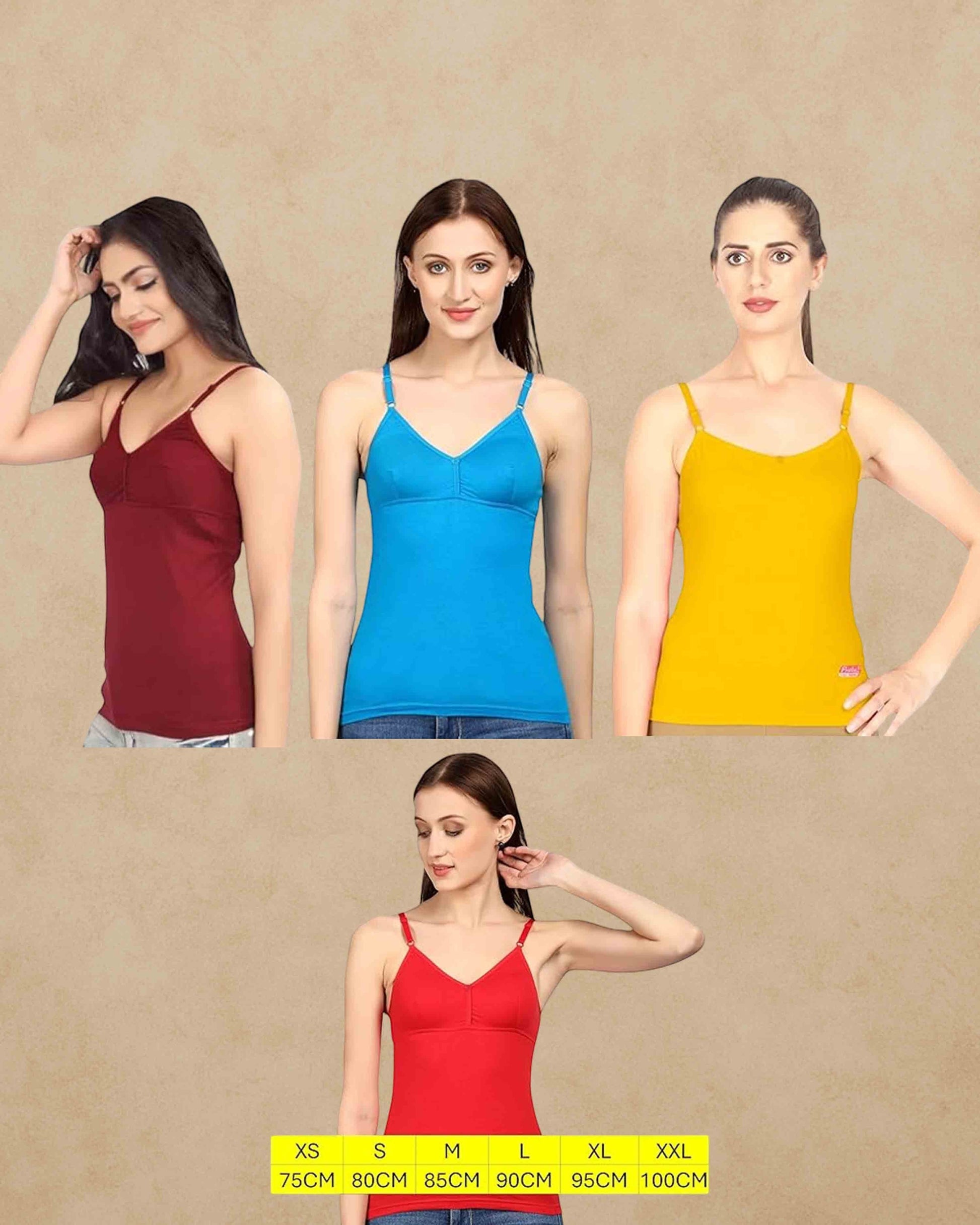 Ambika Stores Prithvi Joycup camisole slips with built-in bras in maroon, blue, yellow, and red for women.