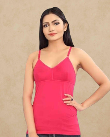 Ambika Stores Prithvi Joycup camisole slip in bright pink with built-in bra, V-neck, and adjustable elastic straps.