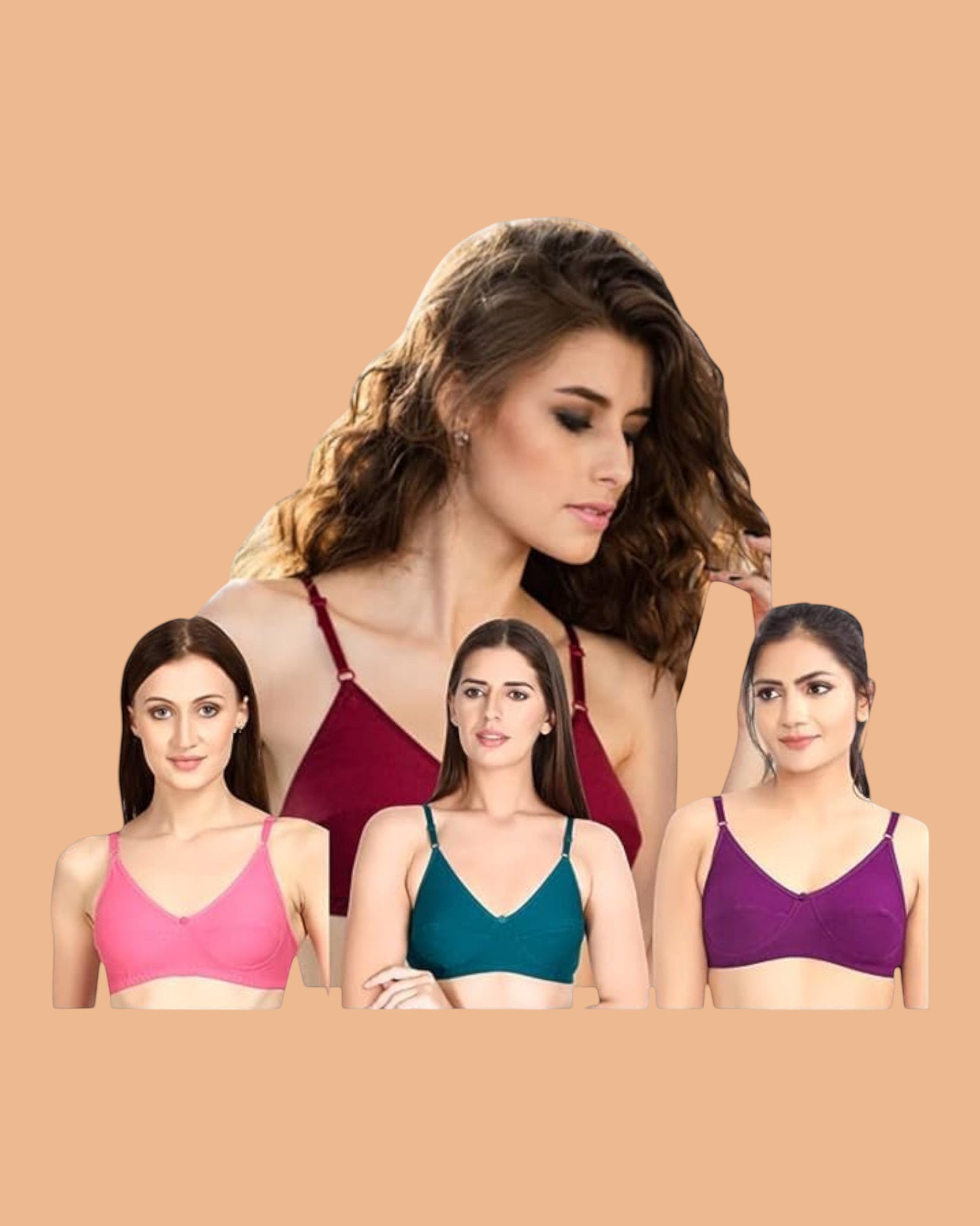 Ambika Stores Prithvi Prency non-padded cotton bras in pink, teal, and purple with adjustable straps