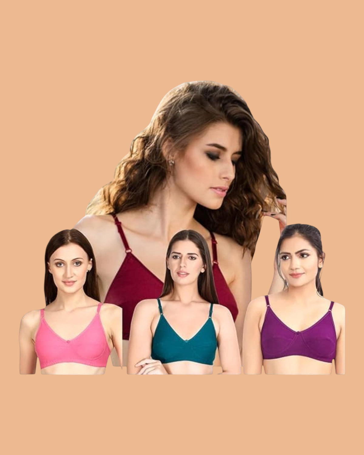 Ambika Stores Prithvi Prency non-padded cotton bras in pink, teal, and purple with adjustable straps