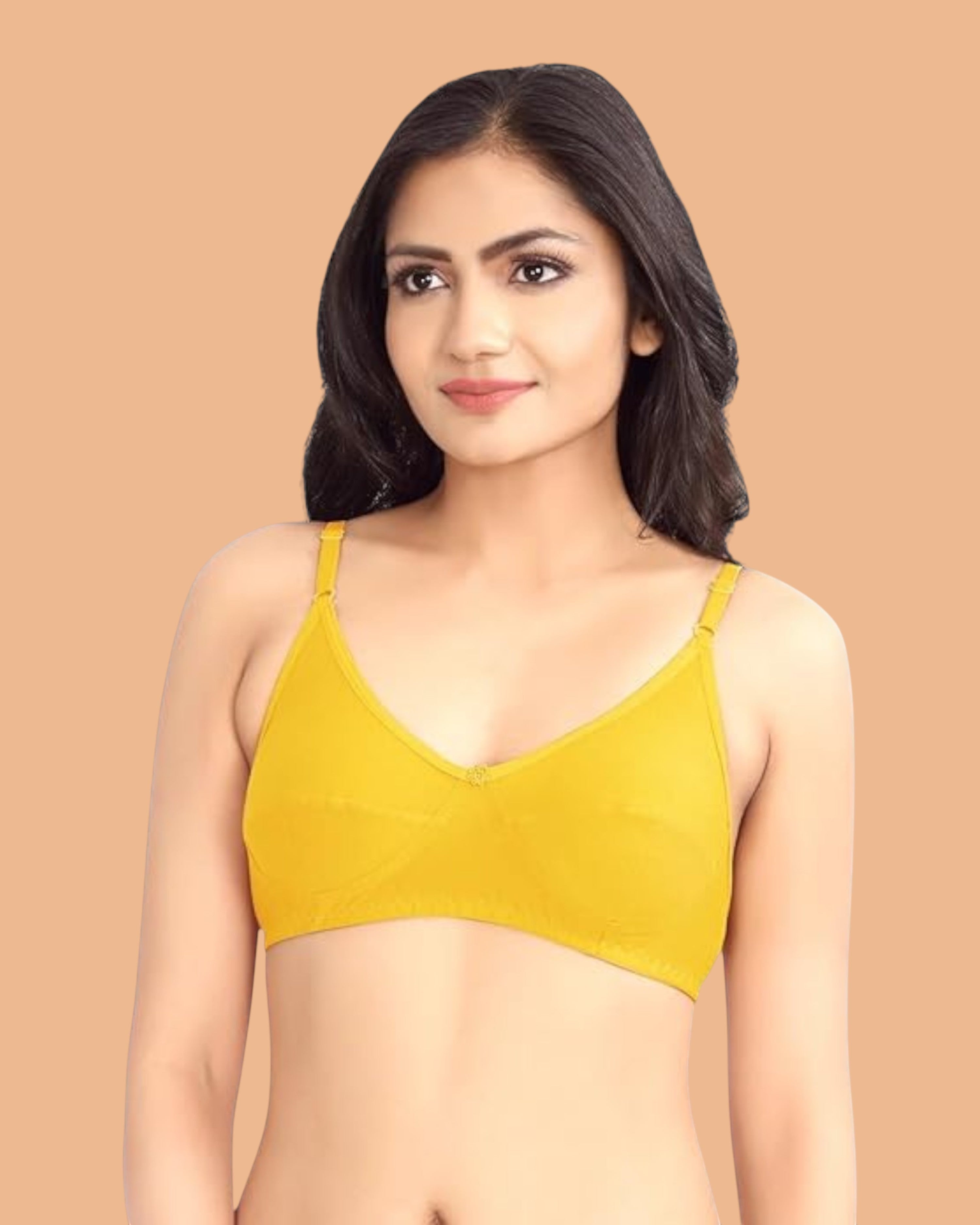 Ambika Stores Prithvi Prency yellow non-padded wire-free cotton bra worn by a model for everyday comfort
