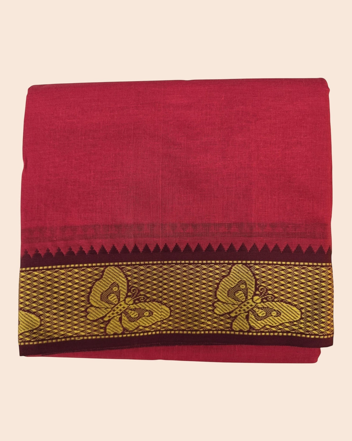 Ambika Stores red cotton Panjakacham dhoti set featuring a gold butterfly border and traditional South Indian weave.