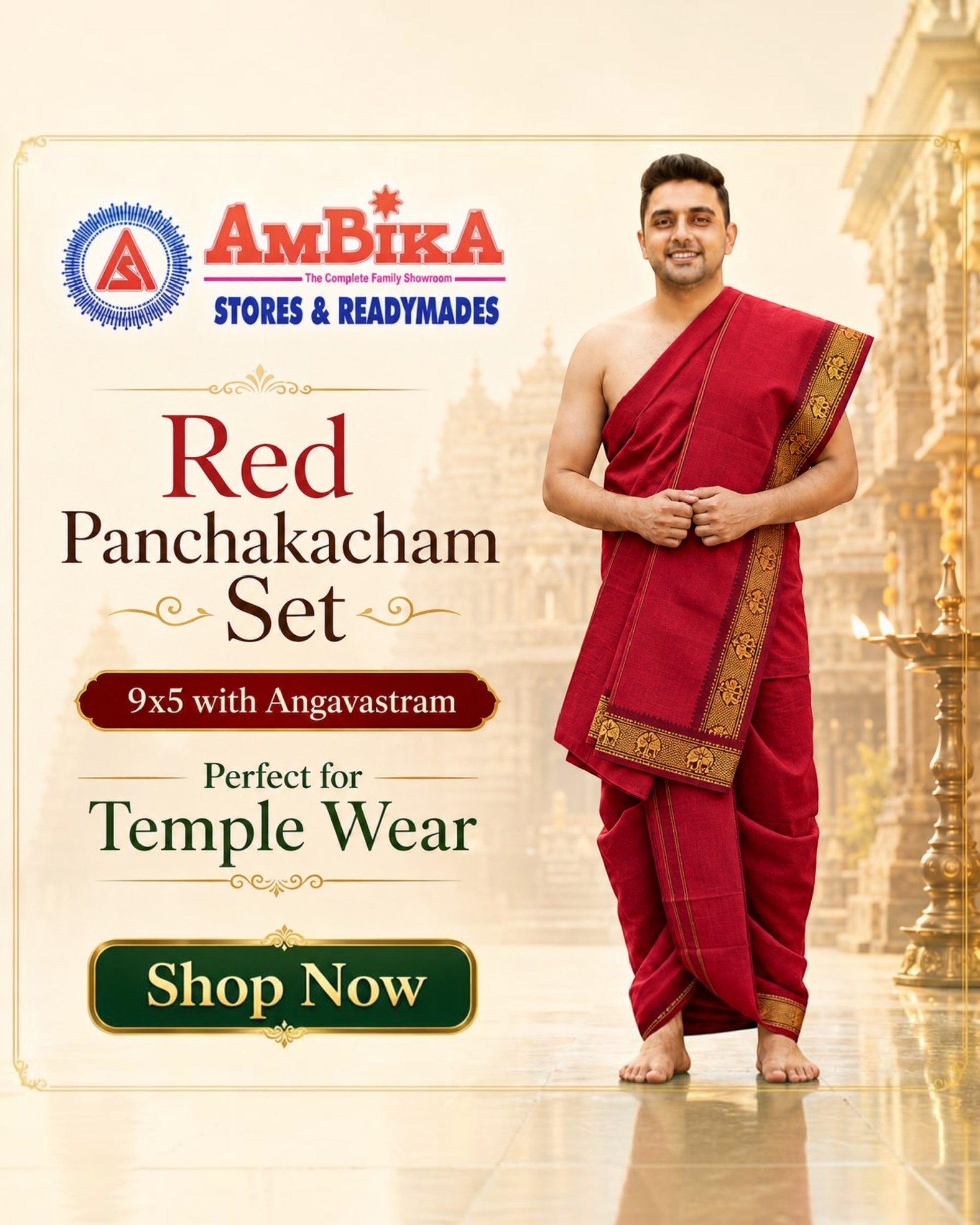 Ambika Stores red cotton panjakacham dhoti and angavastram set worn by a man in a traditional temple setting