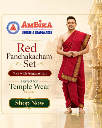 Ambika Stores red cotton panjakacham dhoti and angavastram set worn by a man in a traditional temple setting