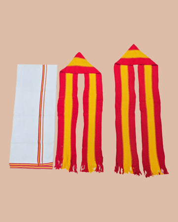 Ambika Stores red and yellow striped dhoti and two mufflers with fringes, ideal for political rallies and campaigns.