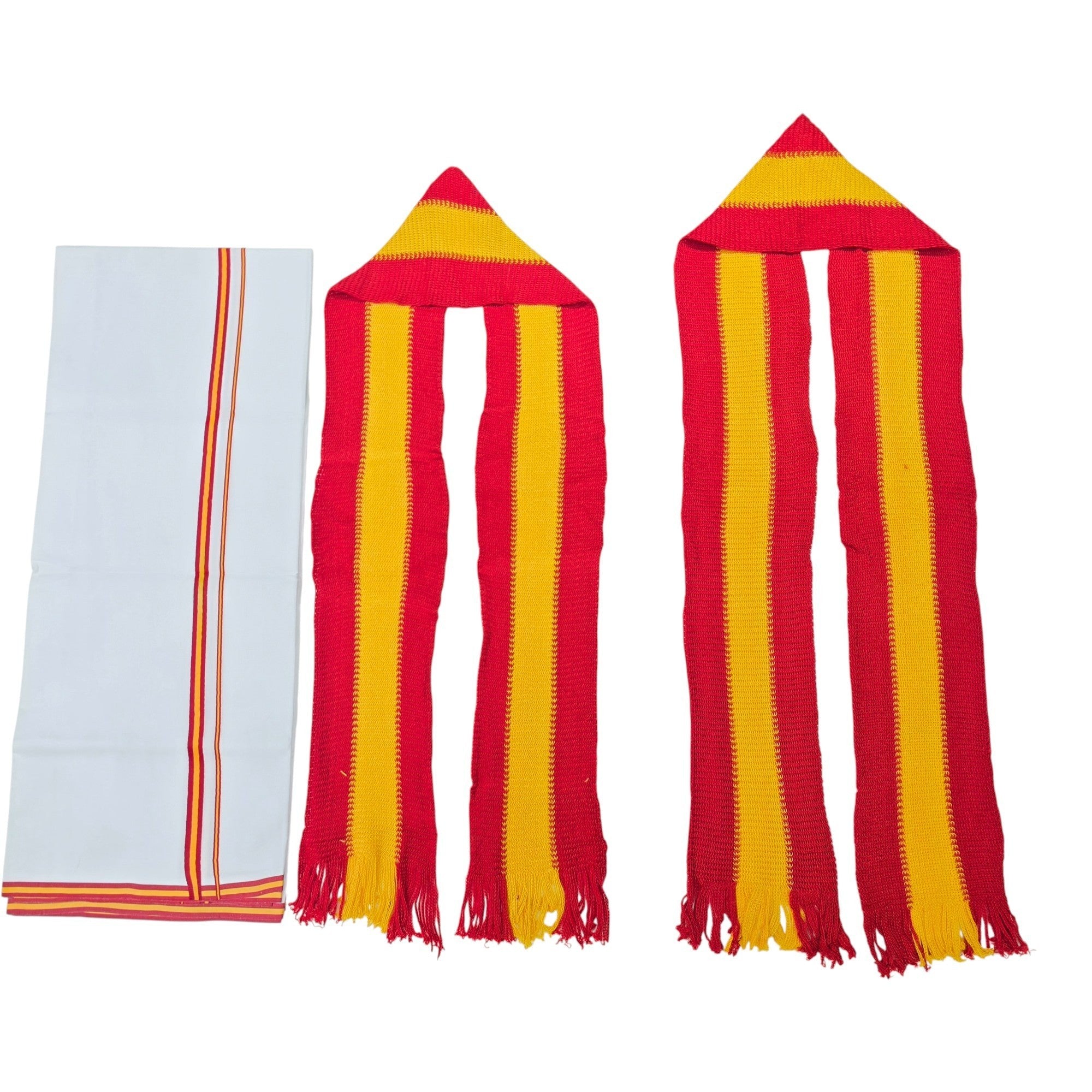 Ambika Stores red and yellow striped dhoti and two mufflers with fringes, ideal for political rallies and campaigns.