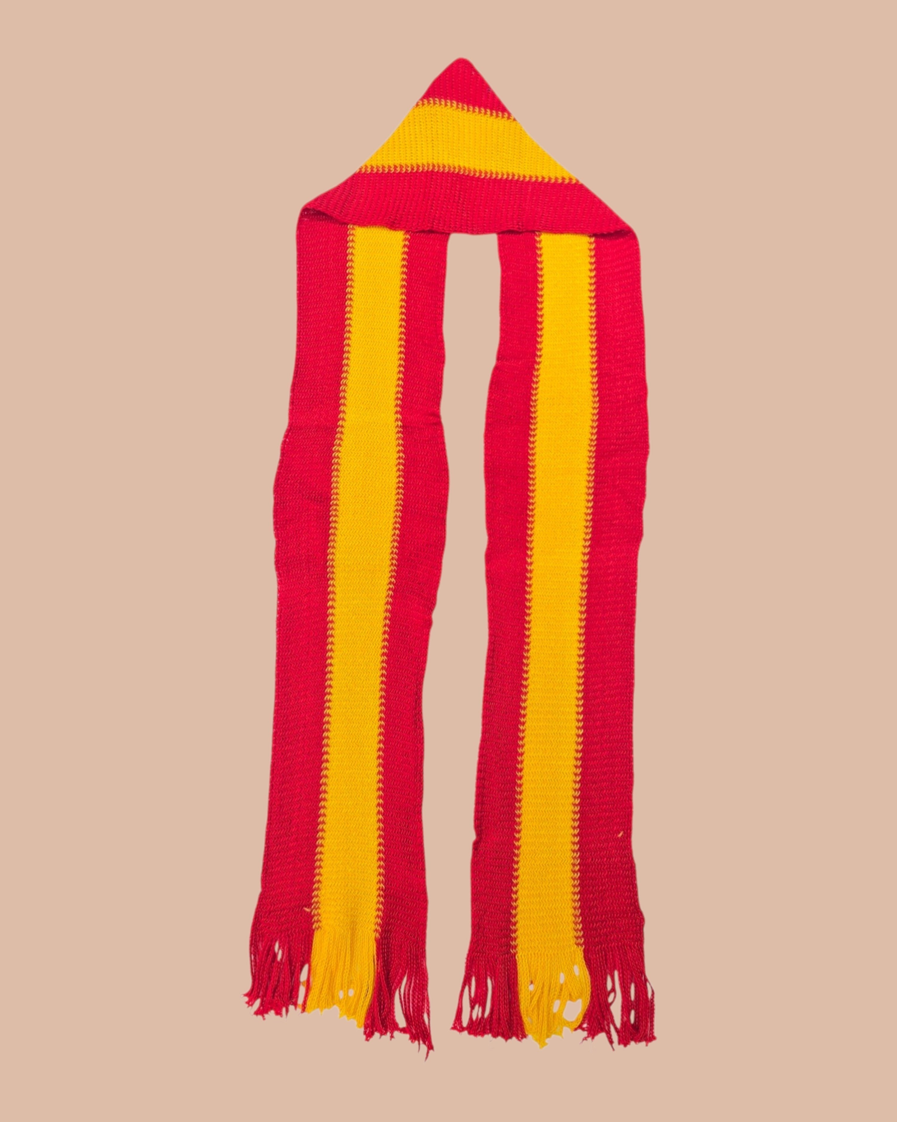 Ambika Stores red and yellow striped knitted dhoti scarf with fringes, ideal for political rallies and campaigns.