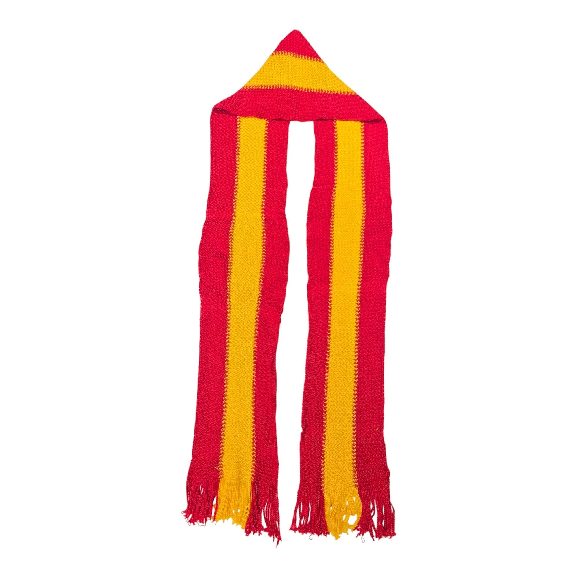Ambika Stores red and yellow striped knitted dhoti scarf with fringes, ideal for political rallies and campaigns.