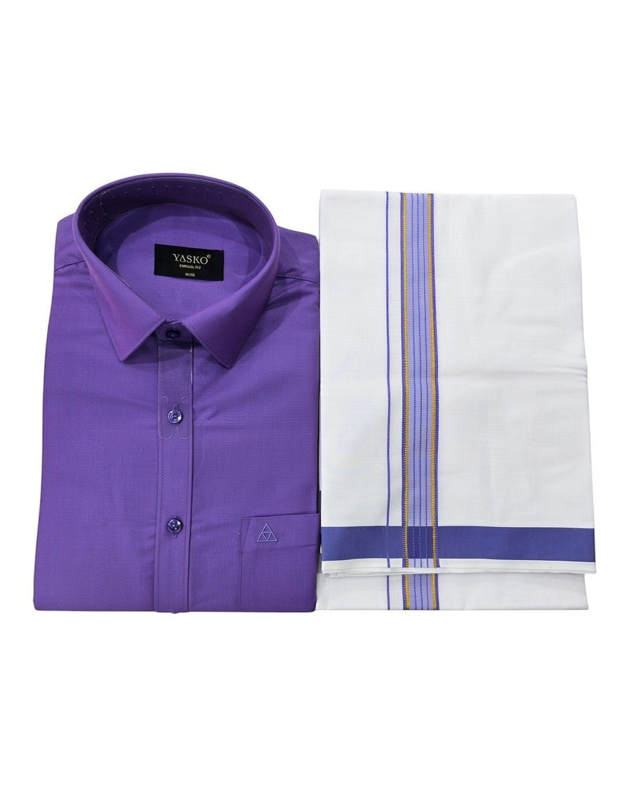 Ambika Stores men's royal blue cotton shirt and white dhoti set with purple and gold border. Traditional ethnic wear.