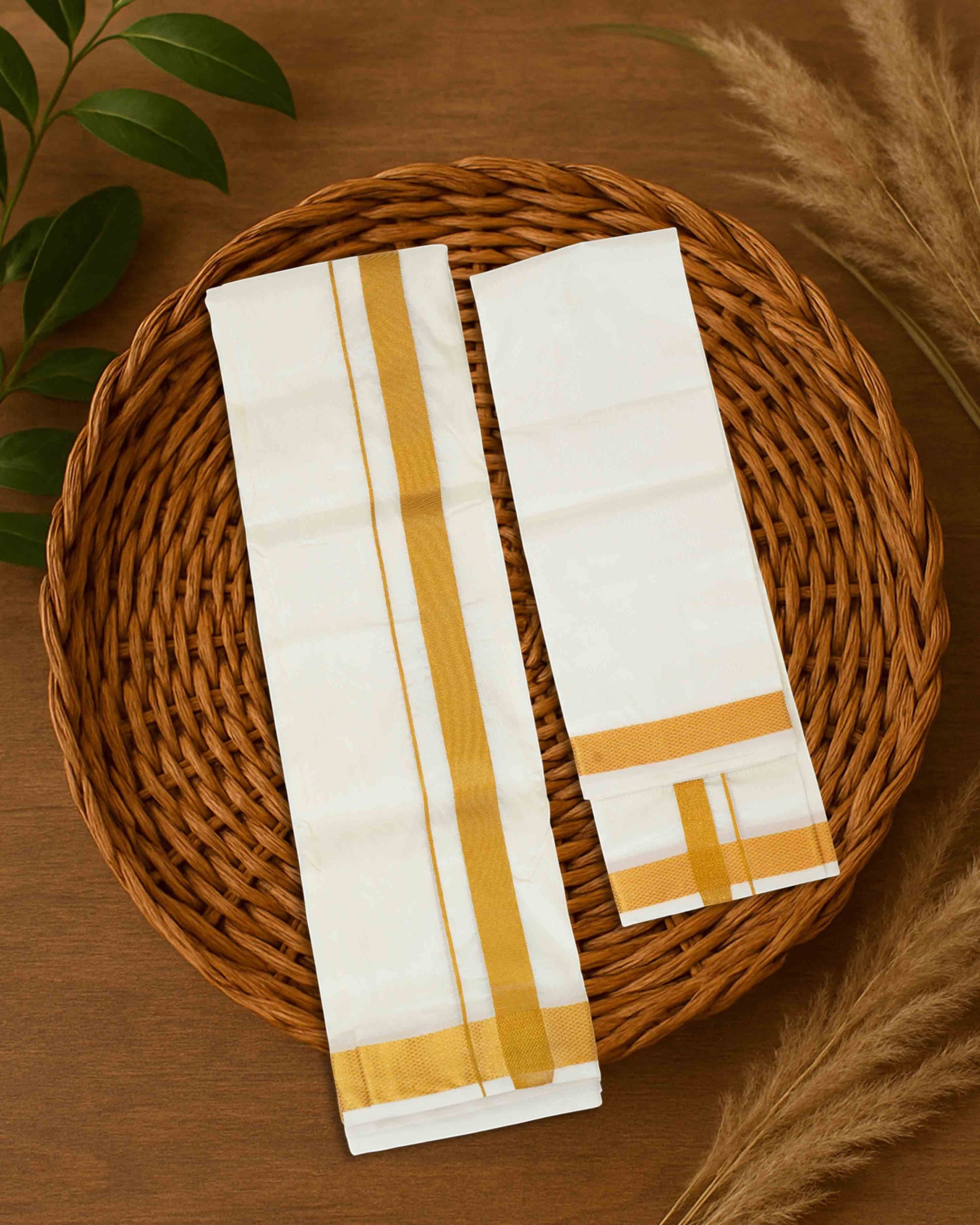 Men’s art silk double layer dhoti with 3/4-inch gold zari border and matching angavastram set