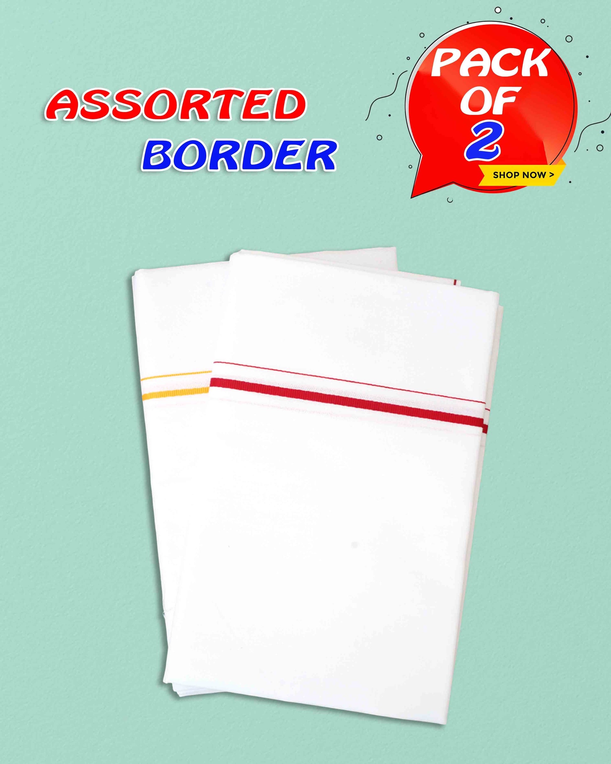 Ambika Stores pack of two white cotton dhotis with assorted red and yellow borders for traditional wear