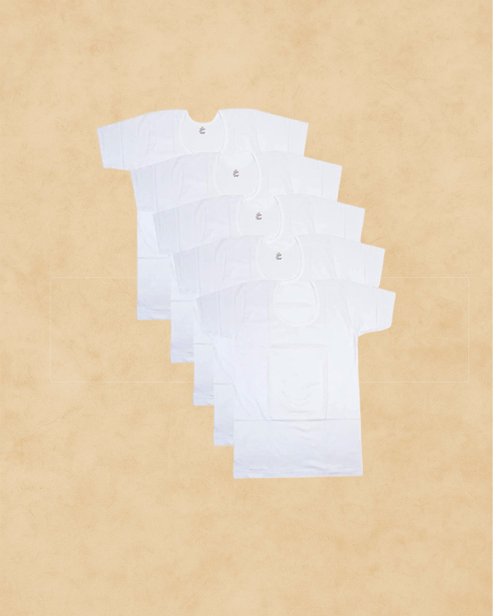 Ambika Stores pack of five white 100% combed cotton men's vests with seamless bodies and flat shoulder seams.