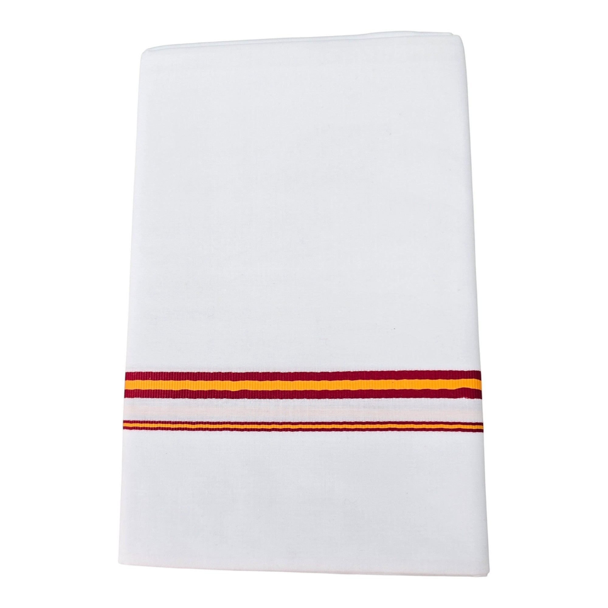 Ambika Stores white cotton dhoti with red and yellow striped border, ideal for rallies and campaigns.